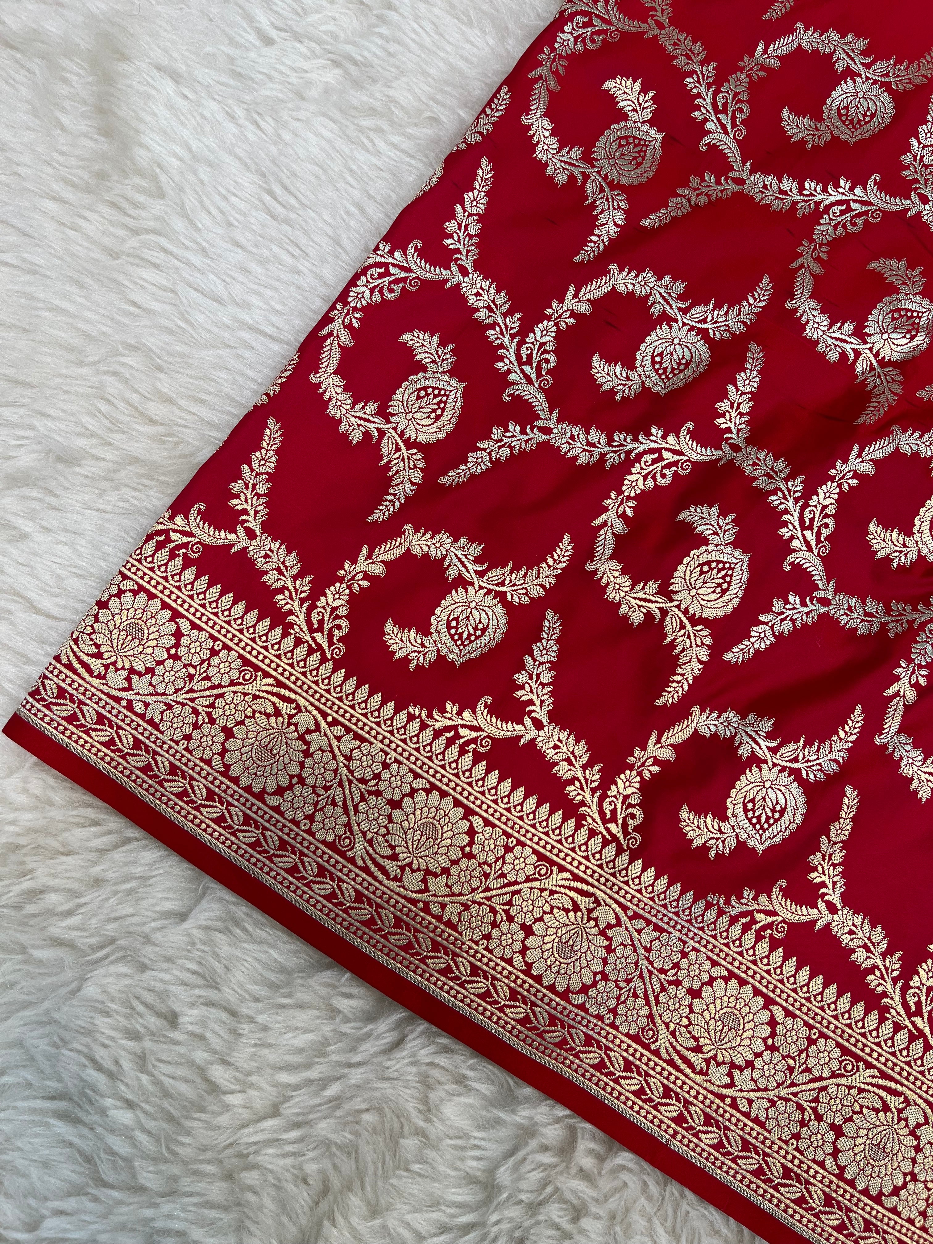 PREMIUM BRIDAL RED SHADE MASHRU KATAN SILK JAAL DESIGN WEAVE SAREE