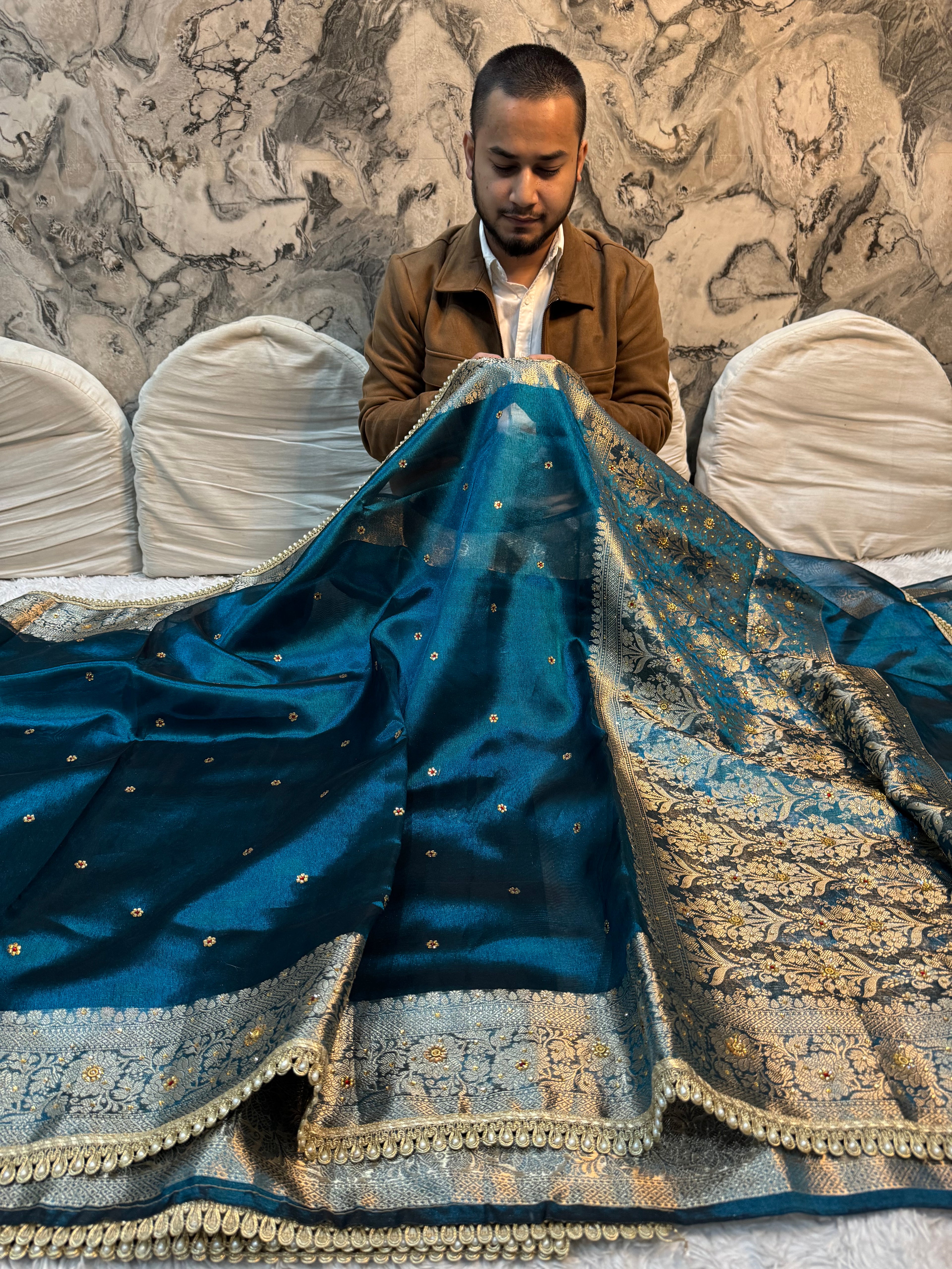 EXCLUSIVE GERMAN BLUE SHADE SOFT TISSUE SILK SAREE DESIGNER HAND STONE WORK WITH LACE ATTACHED