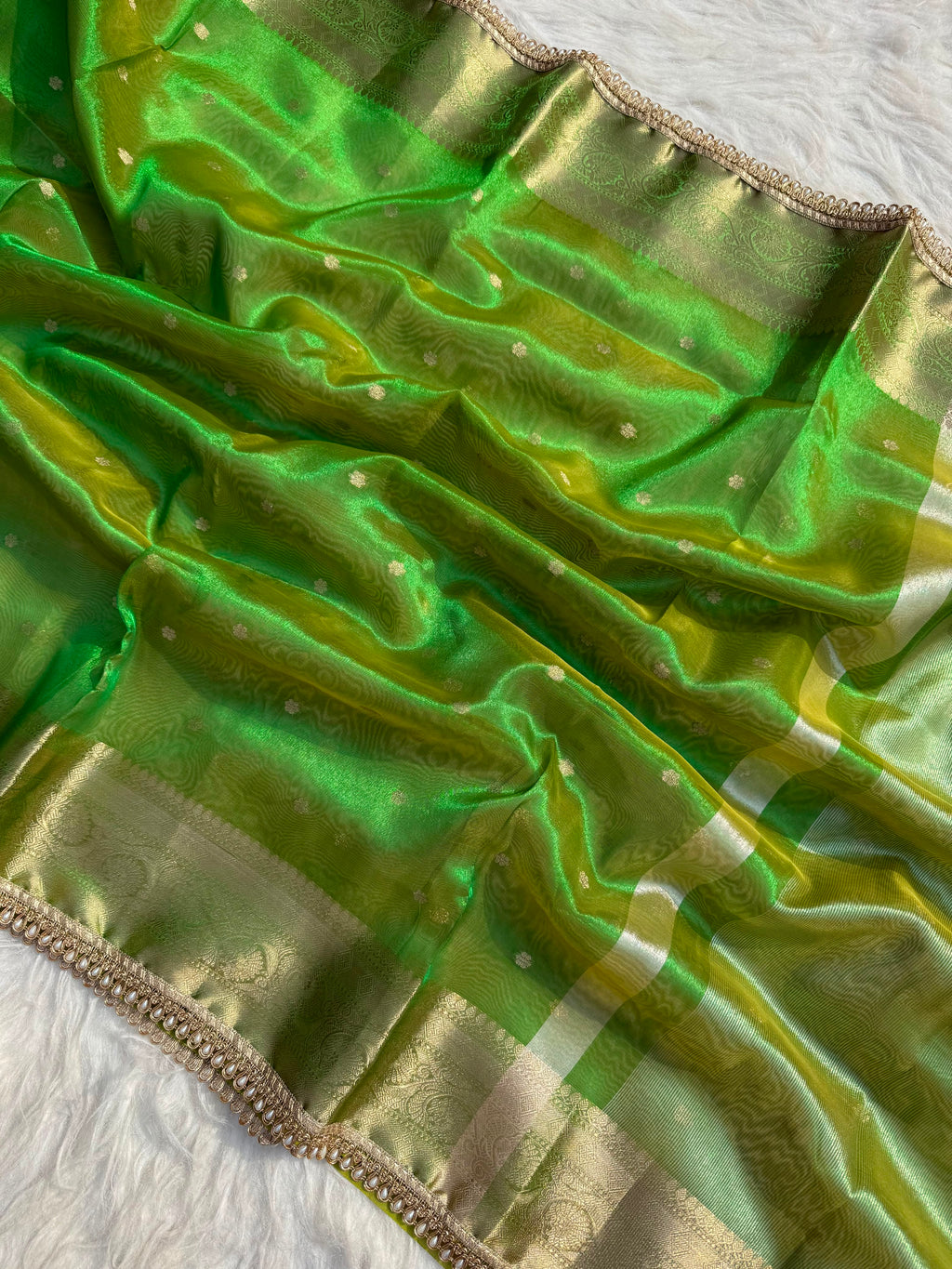 PREMIUM MINT GREEN SHADE DESIGNER TISSUE SILK BOOTI SAREE WITH LACE ATTACHED