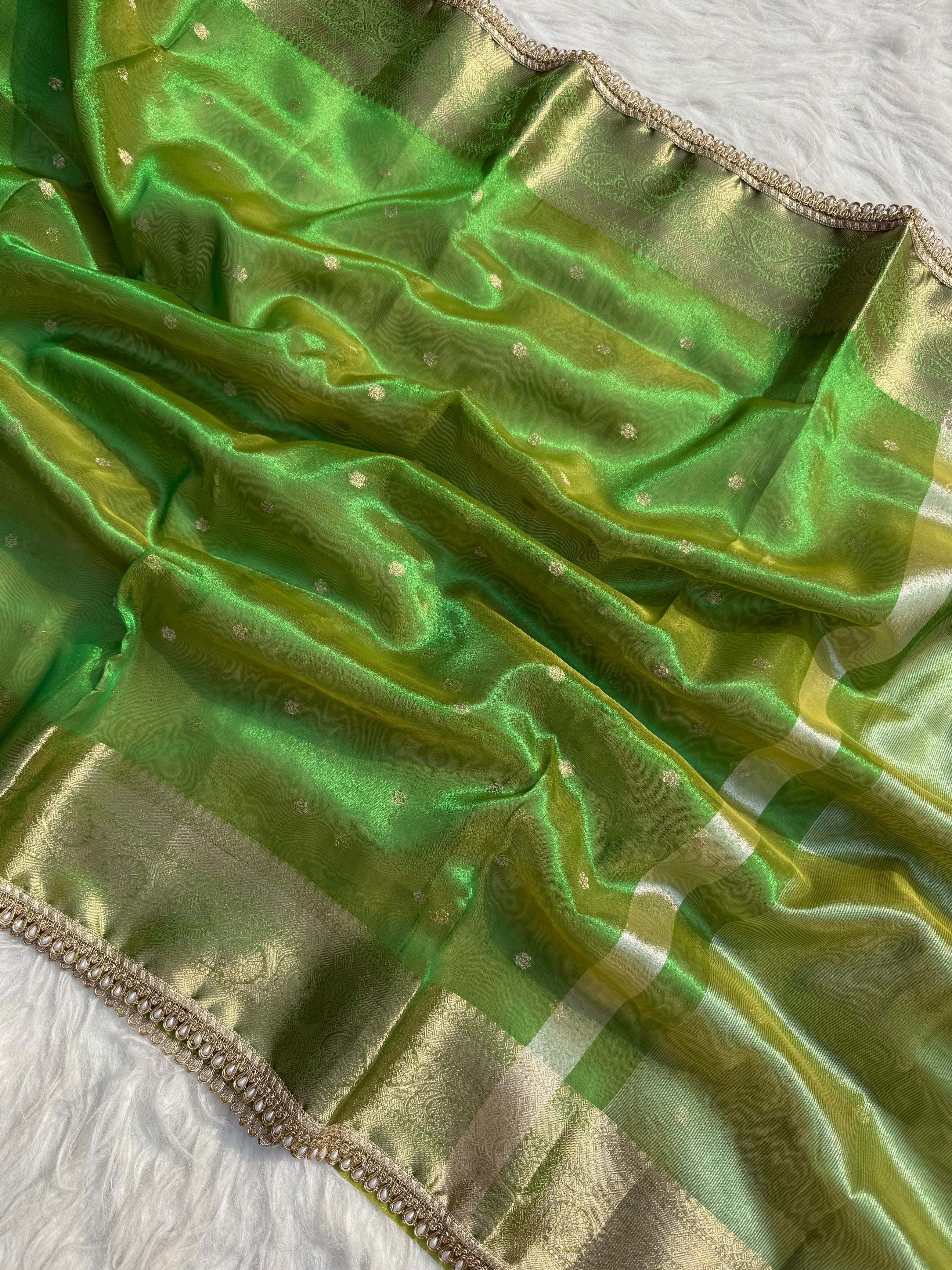 PREMIUM MINT GREEN SHADE DESIGNER TISSUE SILK BOOTI SAREE WITH LACE ATTACHED