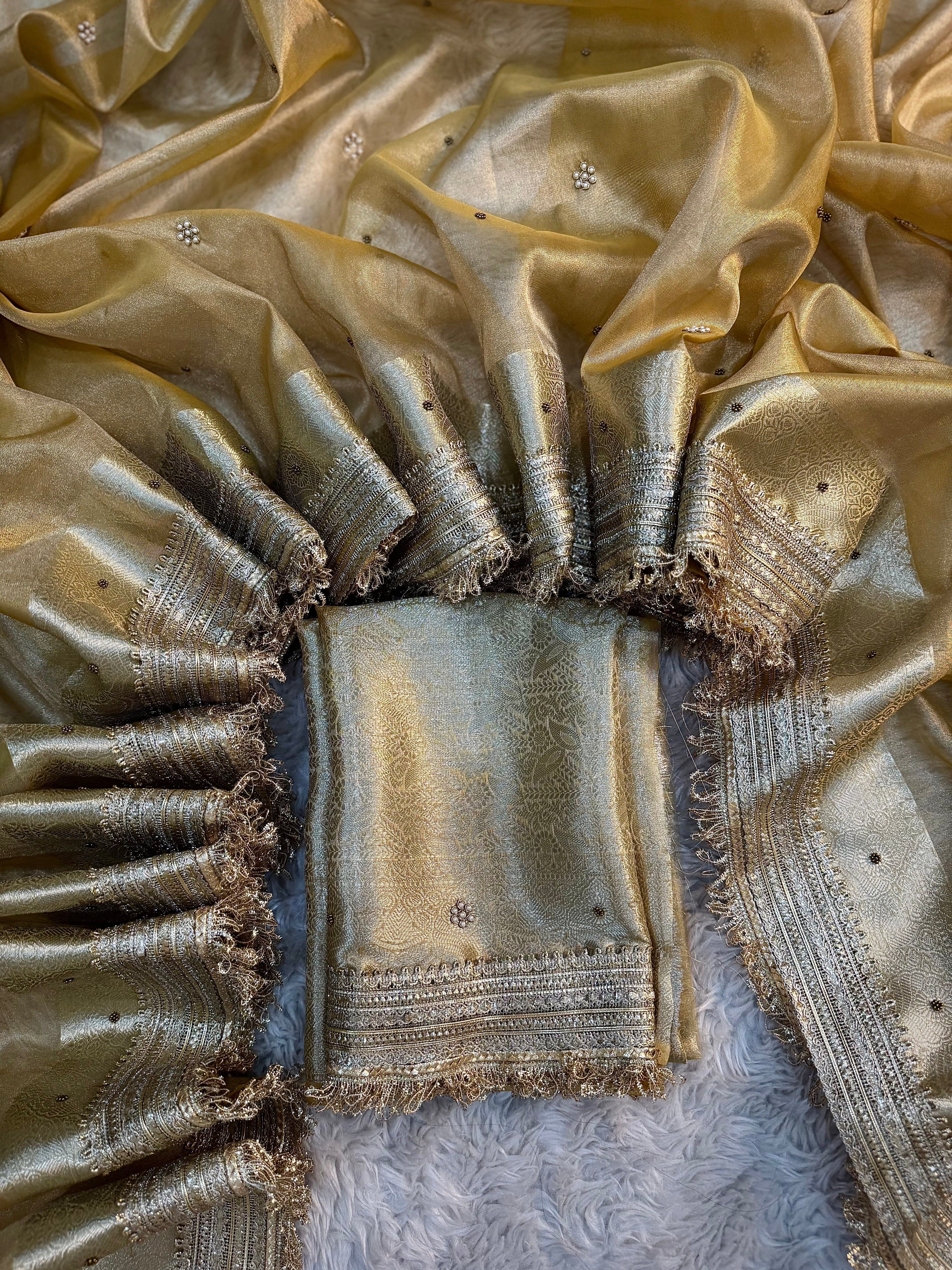 LUXURIOUS CLASSY BEIGE SHADE SOFT TISSUE SILK WITH PREMIUM HAND EMBROIDERY AND LACE WORK