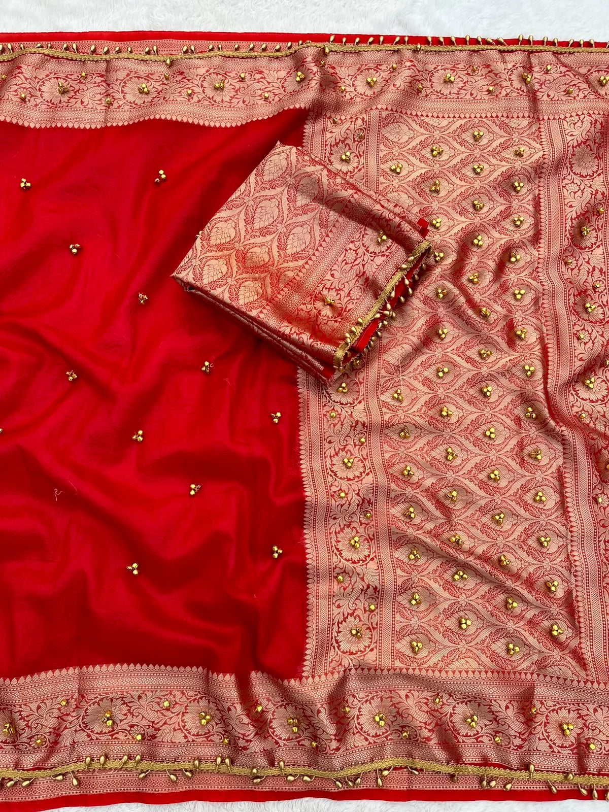 PREMIUM BRIDAL RED SHADE GHUNGROO WORK SOFT BANARASI TISSUE SILK DESIGNER SAREE