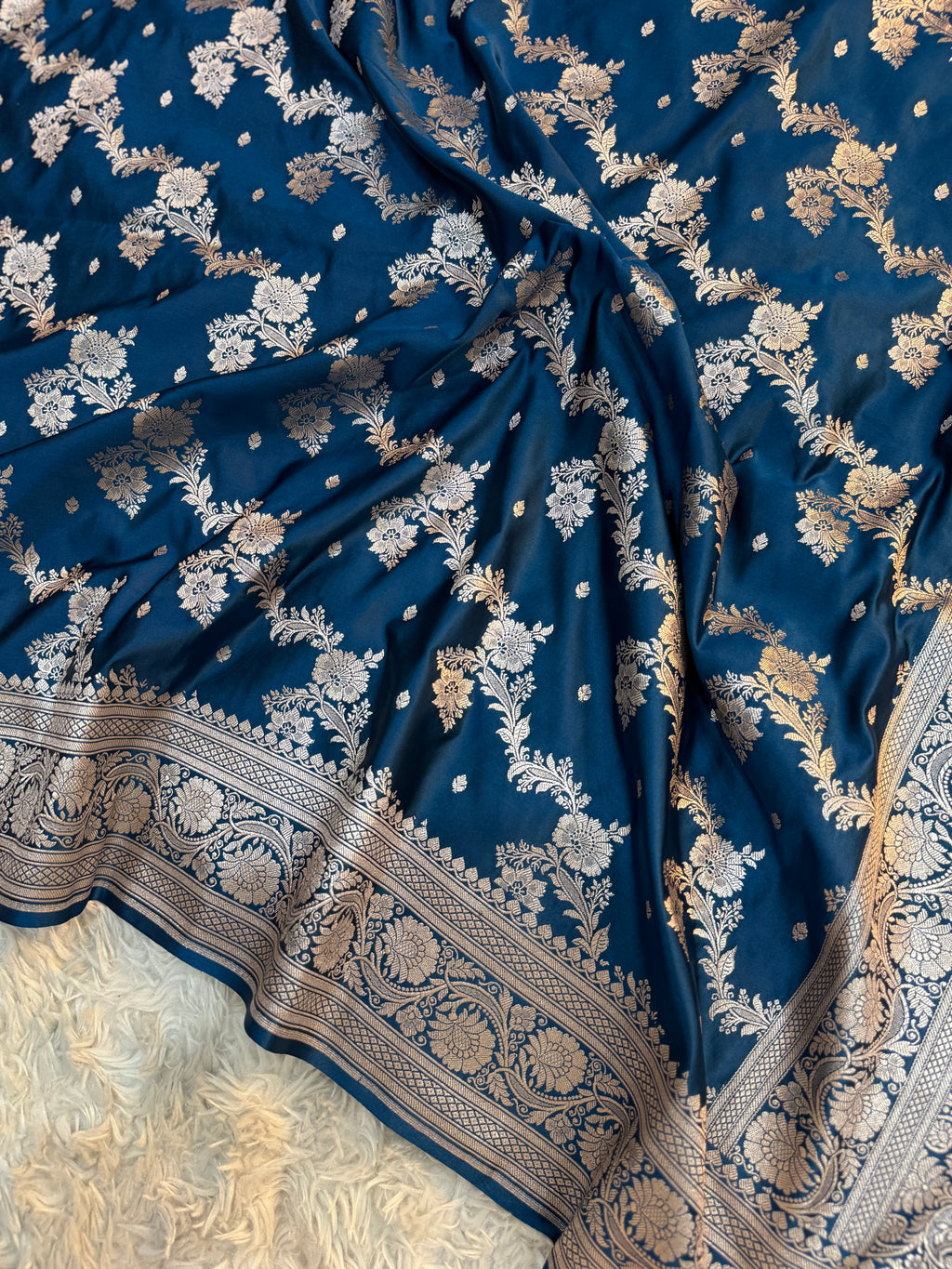 PREMIUM GERMAN BLUE SHADE SATIN MASHRU KATAN SILK SAREE