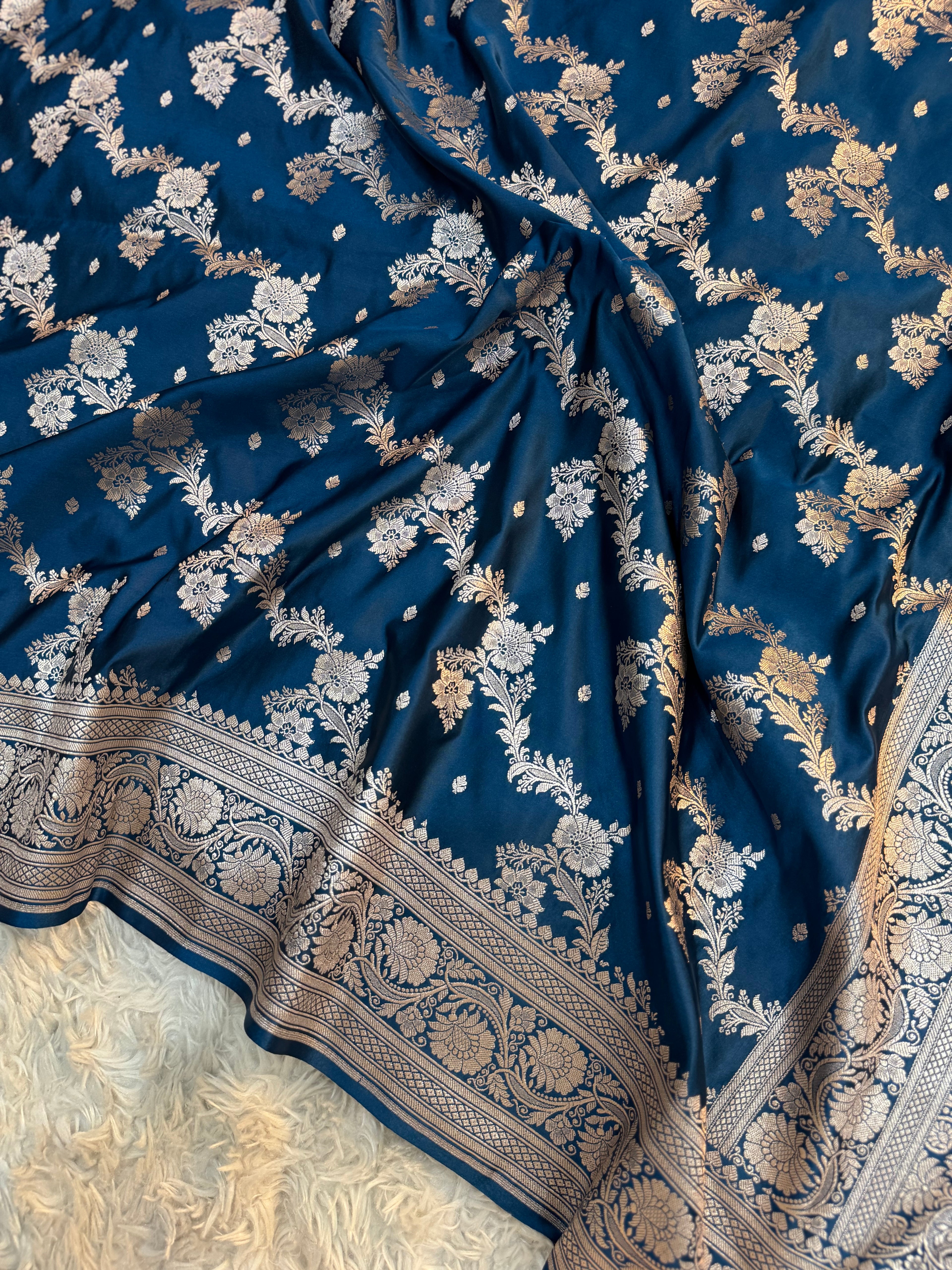 PREMIUM GERMAN BLUE SHADE SATIN MASHRU KATAN SILK SAREE