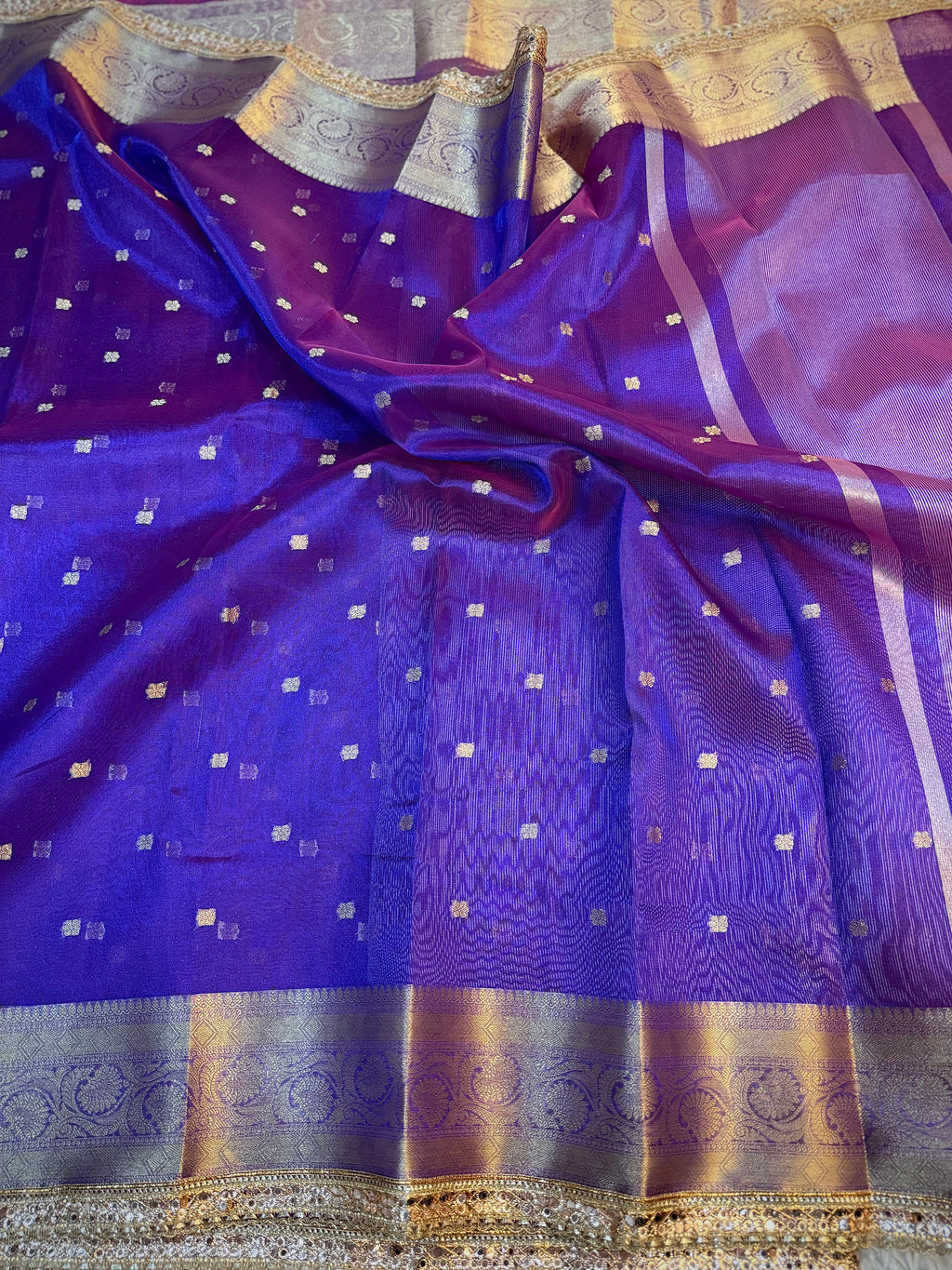 PREMIUM BAIGANI SHADE DESIGNER TISSUE SILK BOOTI SAREE WITH LACE ATTACHED