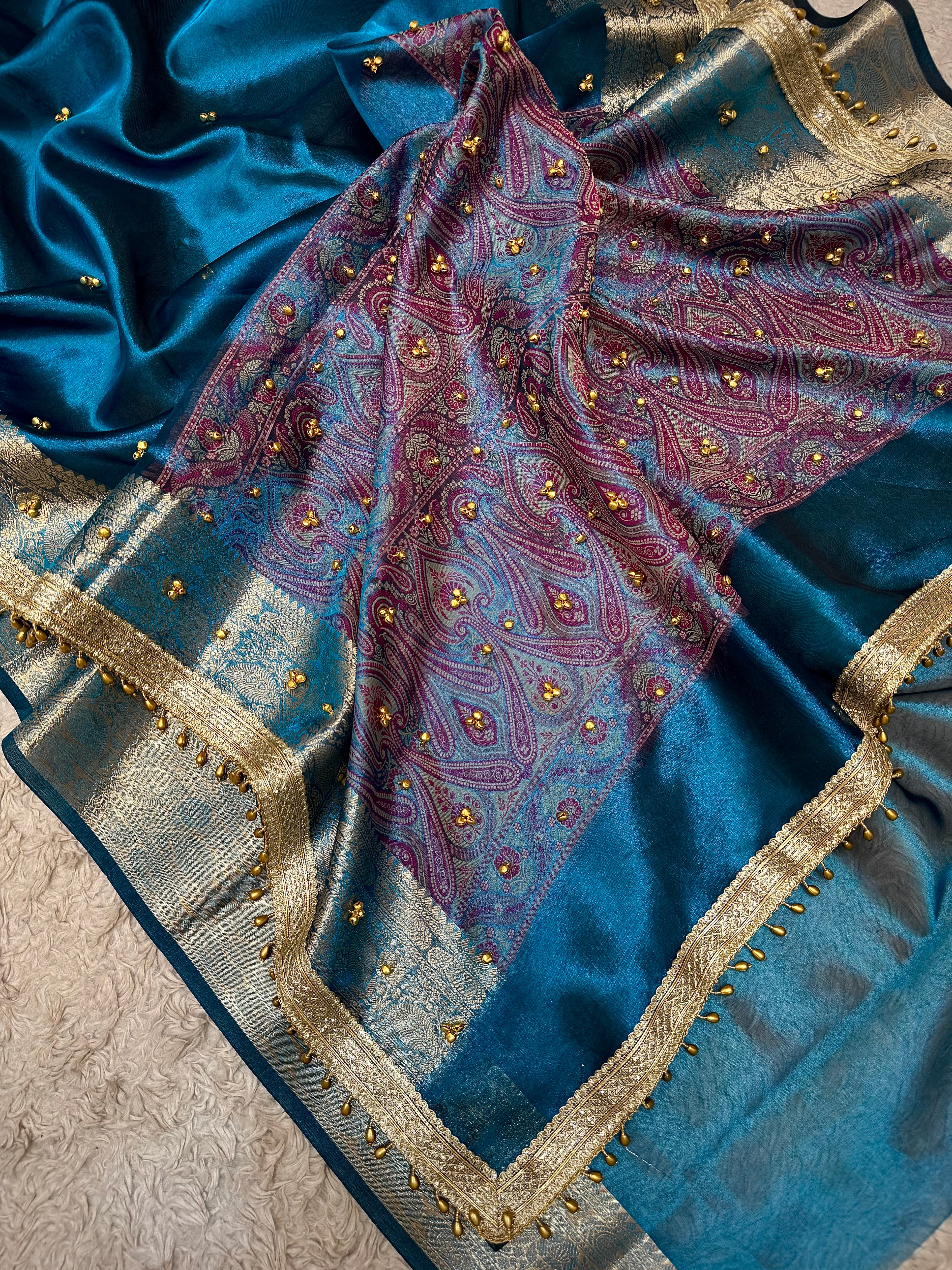PREMIUM GERMAN BLUE SHADE GHUNGROO WORK BANARASI TISSUE SILK SAREE
