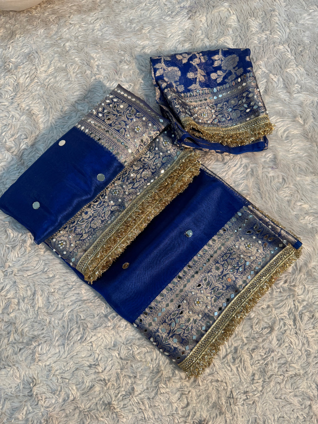 EXCLUSIVE ROYAL BLUE SHADE SOFT TISSUE SILK MIRROR WORK DESIGNER SAREE