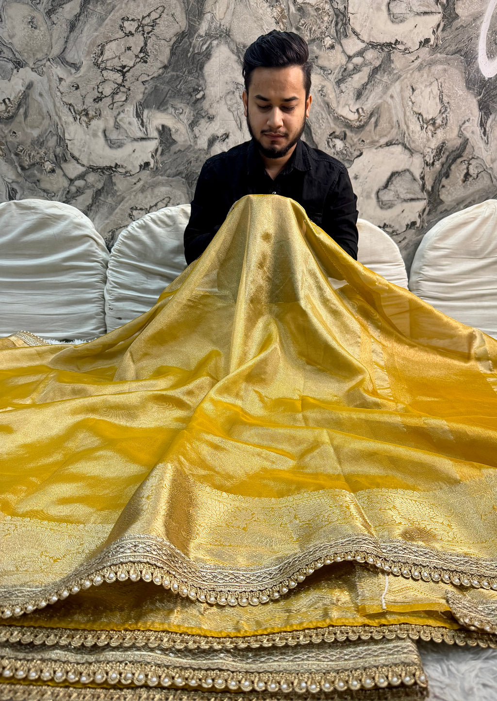 JANHVI KAPOOR INSPIRED YELLOW SHADE DESIGNER TISSUE SILK SAREE