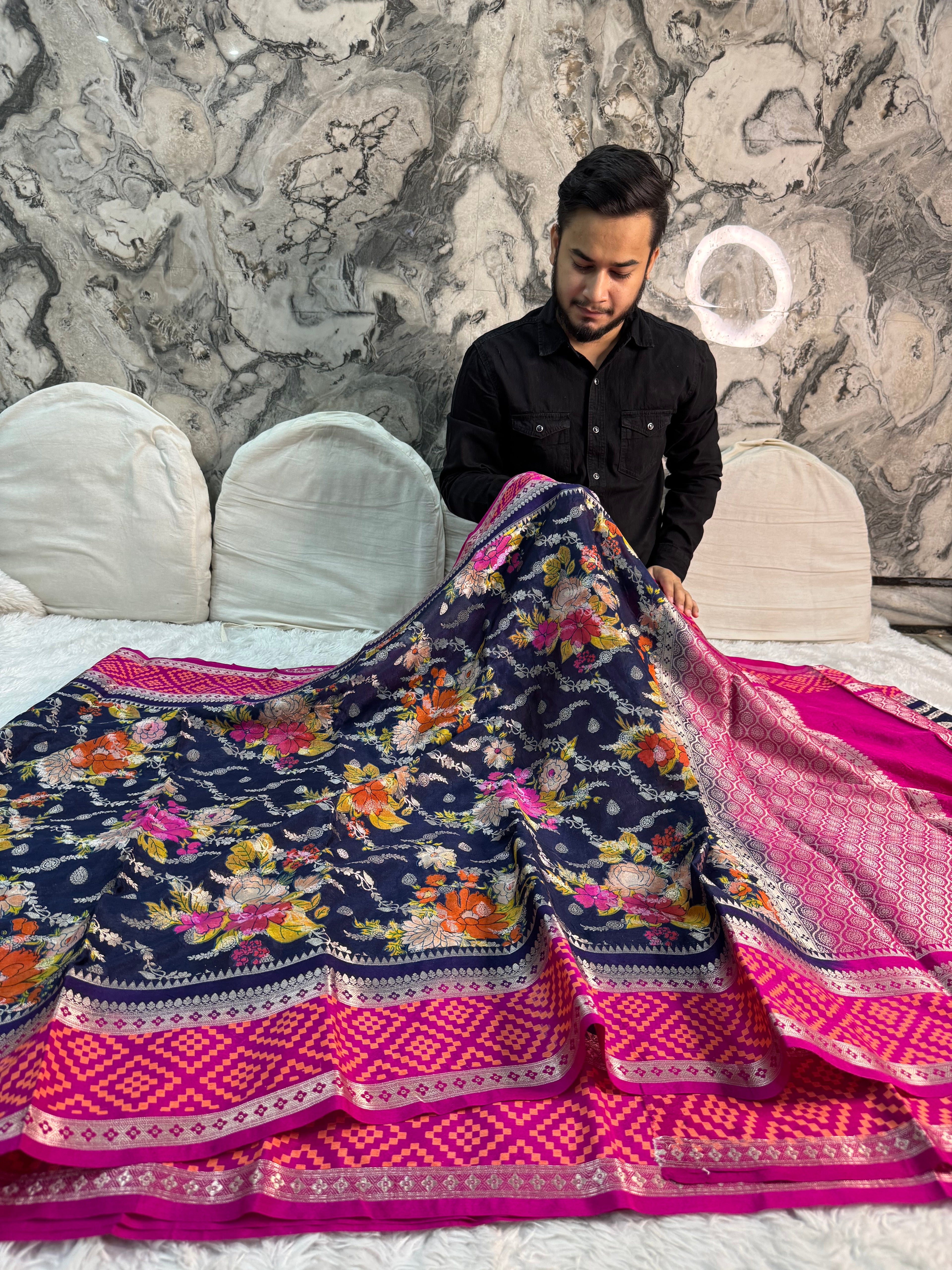 NEVY BLUE AND RANI SHADE GEORGETTE BANARASI SAREE
