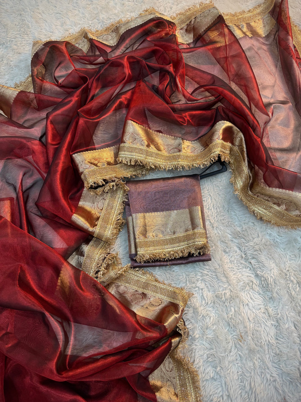 PREMIUM CARMINE RED SHADE SOFT TISSUE SILK SAREE WITH LACE ATTACHED