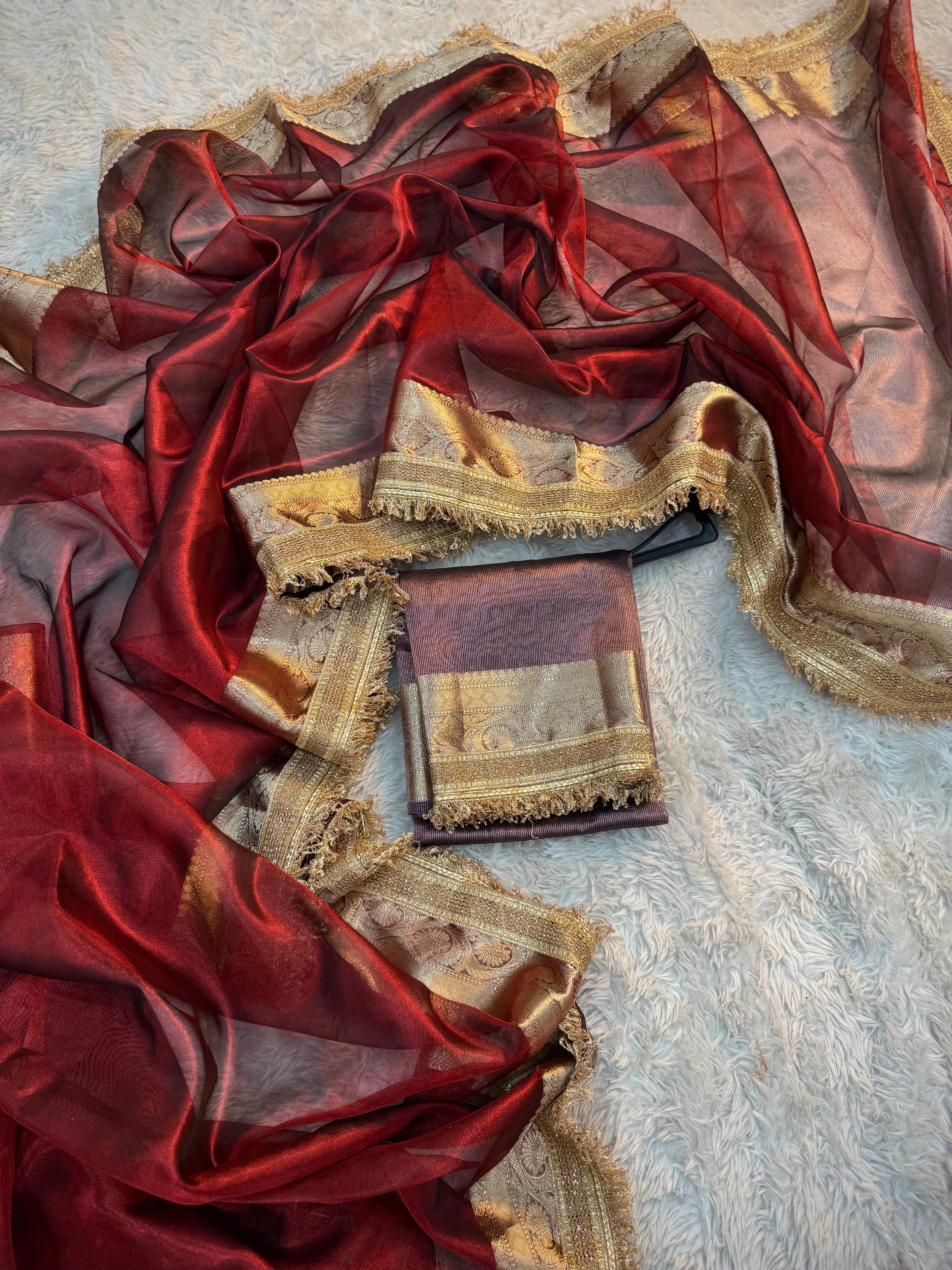 PREMIUM CARMINE RED SHADE SOFT TISSUE SILK SAREE WITH LACE ATTACHED