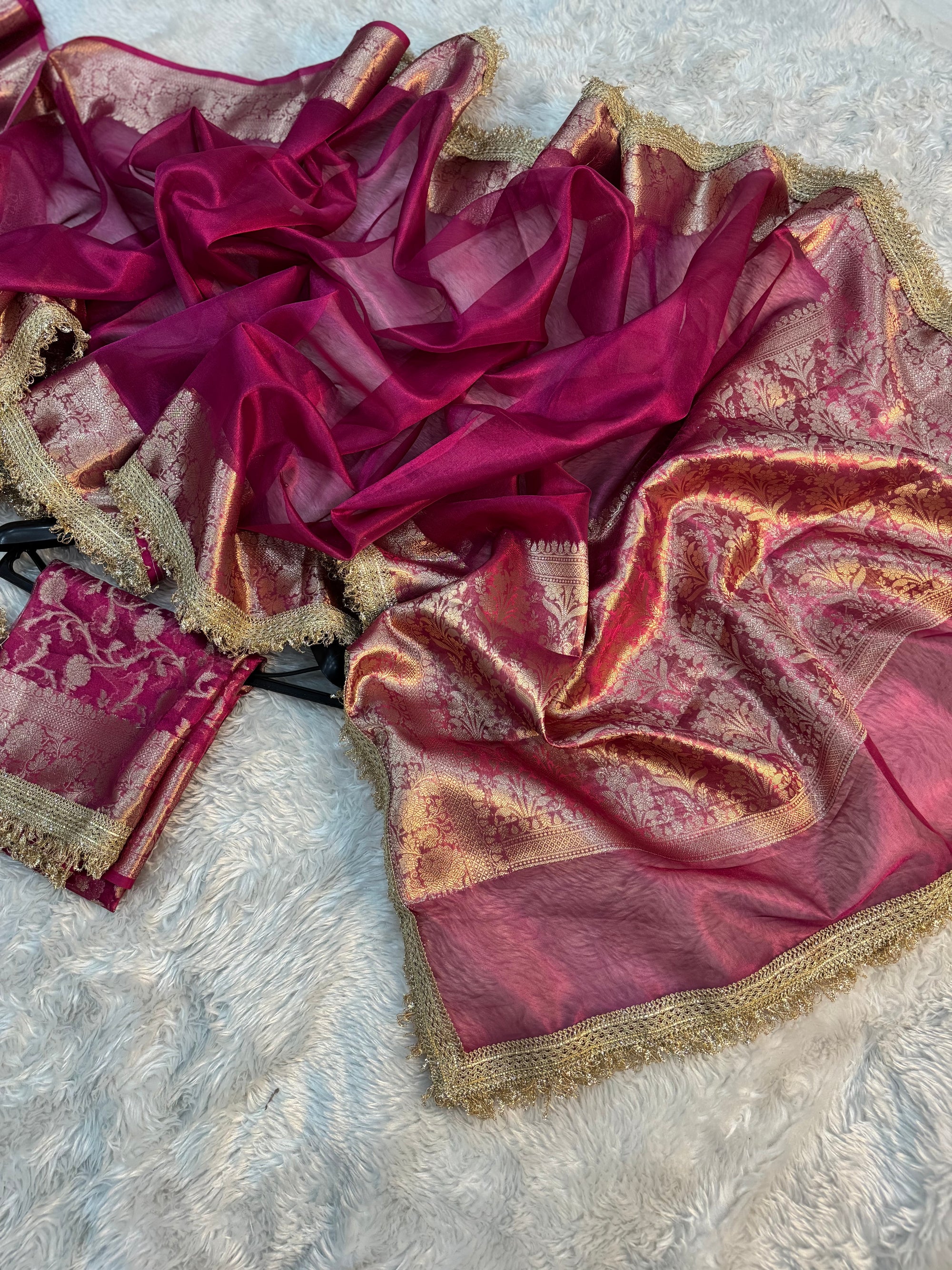 PREMIUM RASPBERRY PINK SHADE SOFT TISSUE SILK SAREE WITH LACE ATTACHED
