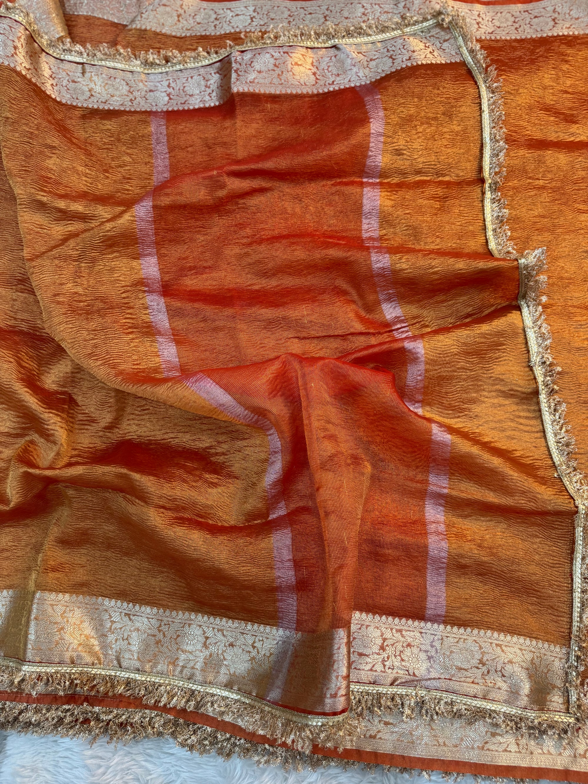 PREMIUM RUST SHADE SOFT CRUSH TISSUE SILK SAREE WITH LACE ATTACHED