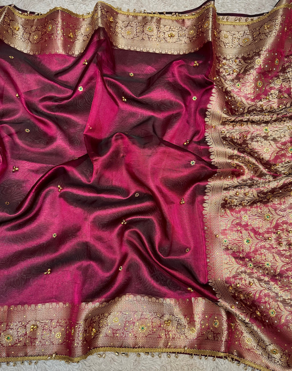 PREMIUM WINE SHADE GHUNGROO WORK SOFT BANARASI TISSUE SILK DESIGNER SAREE