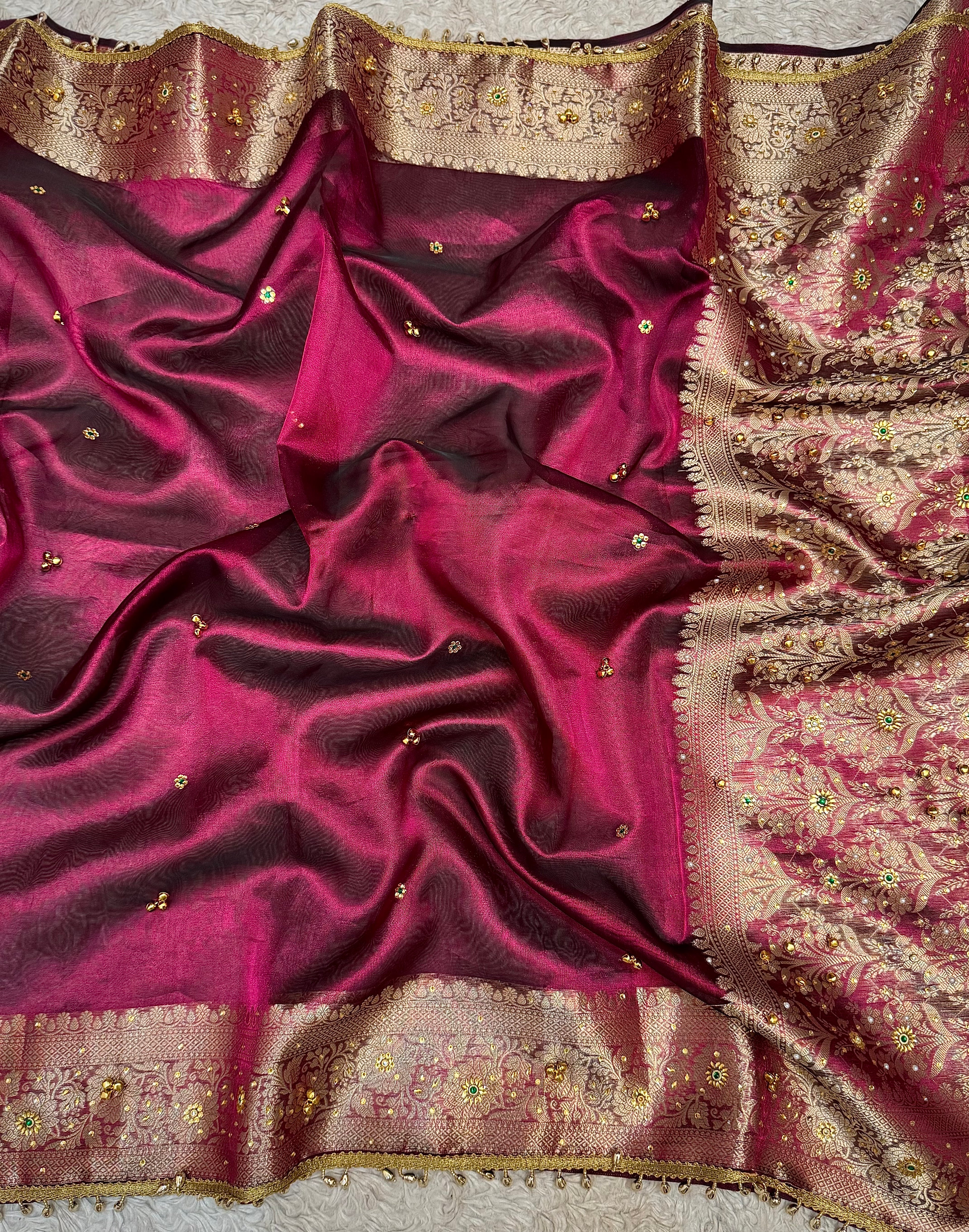PREMIUM WINE SHADE GHUNGROO WORK SOFT BANARASI TISSUE SILK DESIGNER SAREE