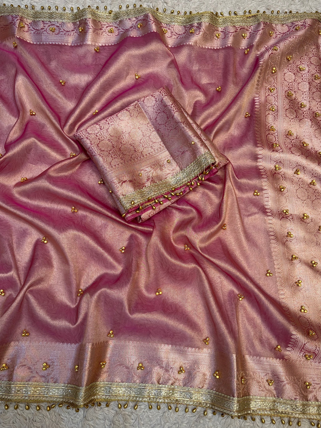 PREMIUM BABY PINK SHADE GHUNGROO WORK SOFT BANARASI TISSUE SILK DESIGNER SAREE
