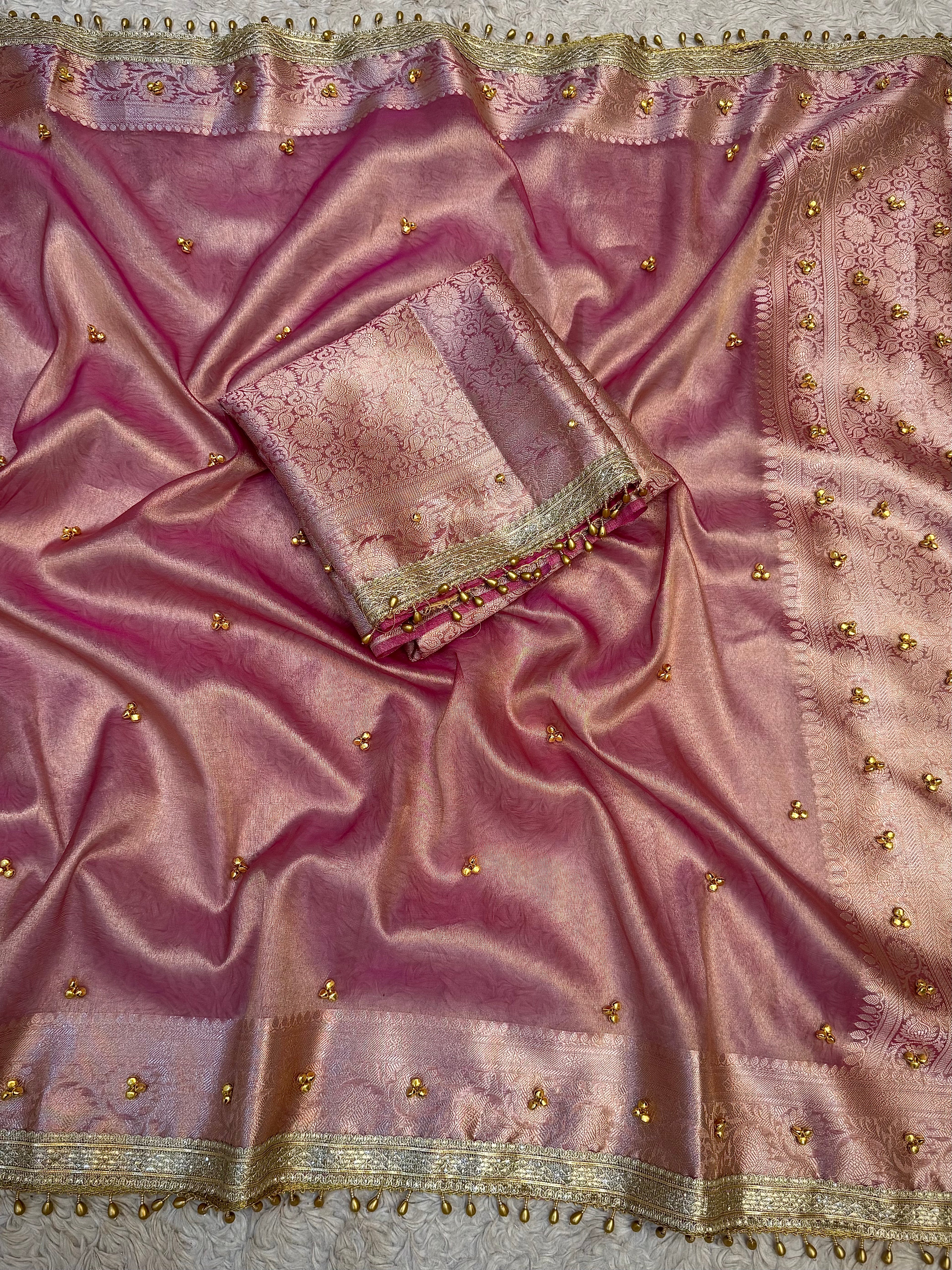 PREMIUM BABY PINK SHADE GHUNGROO WORK SOFT BANARASI TISSUE SILK DESIGNER SAREE