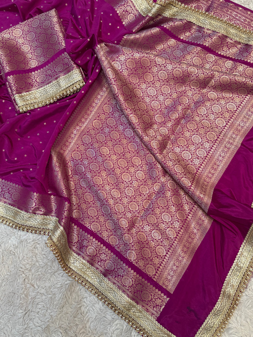 PREMIUM DEEP PURPLE SHADE GEORGETTE KATAN SILK SAREE WITH MOTI LACE ATTACHED