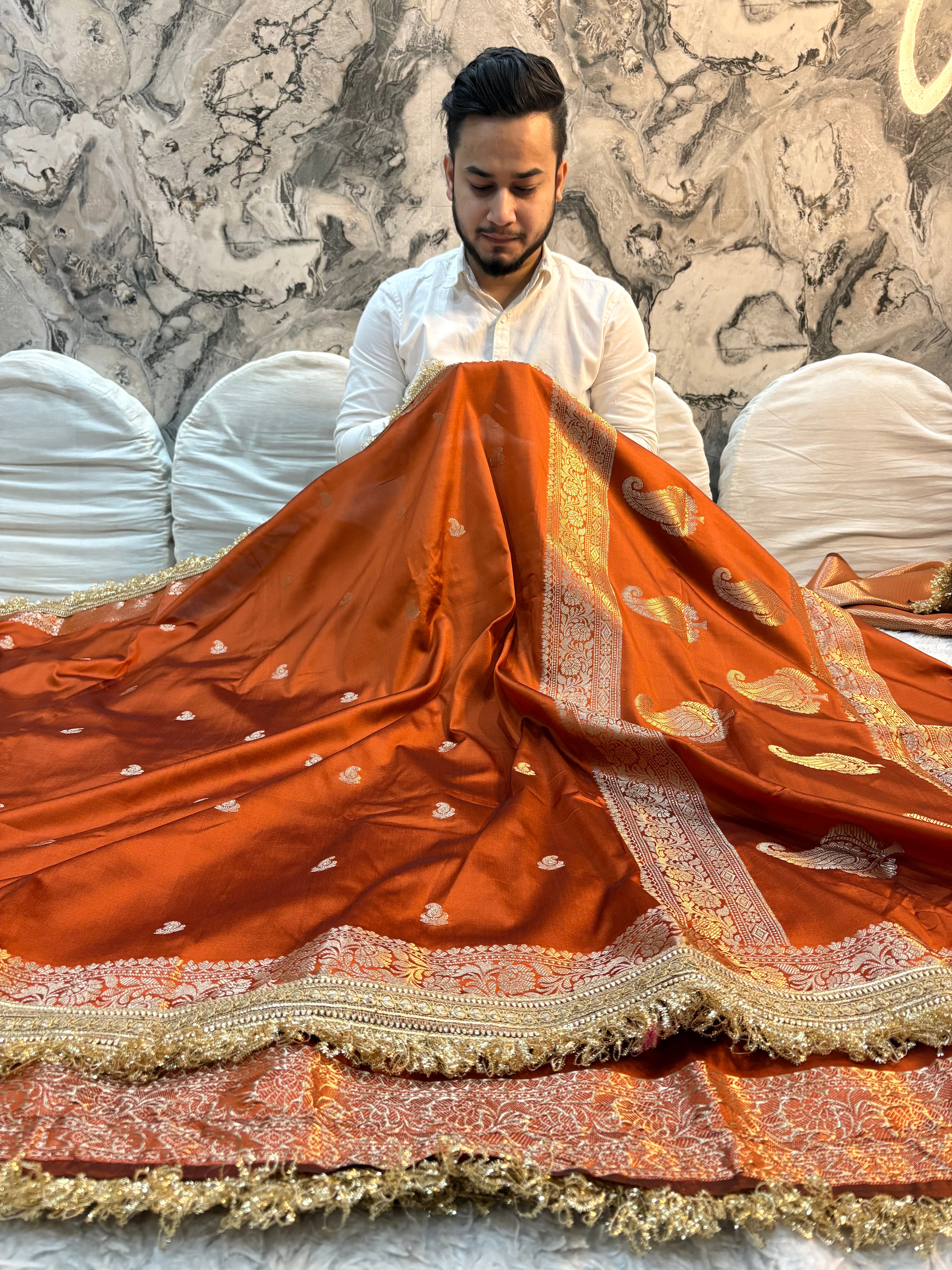 PREMIUM COPPER SHADE BANARASI SOFT SILK SAREE WITH LACE ATTACHED