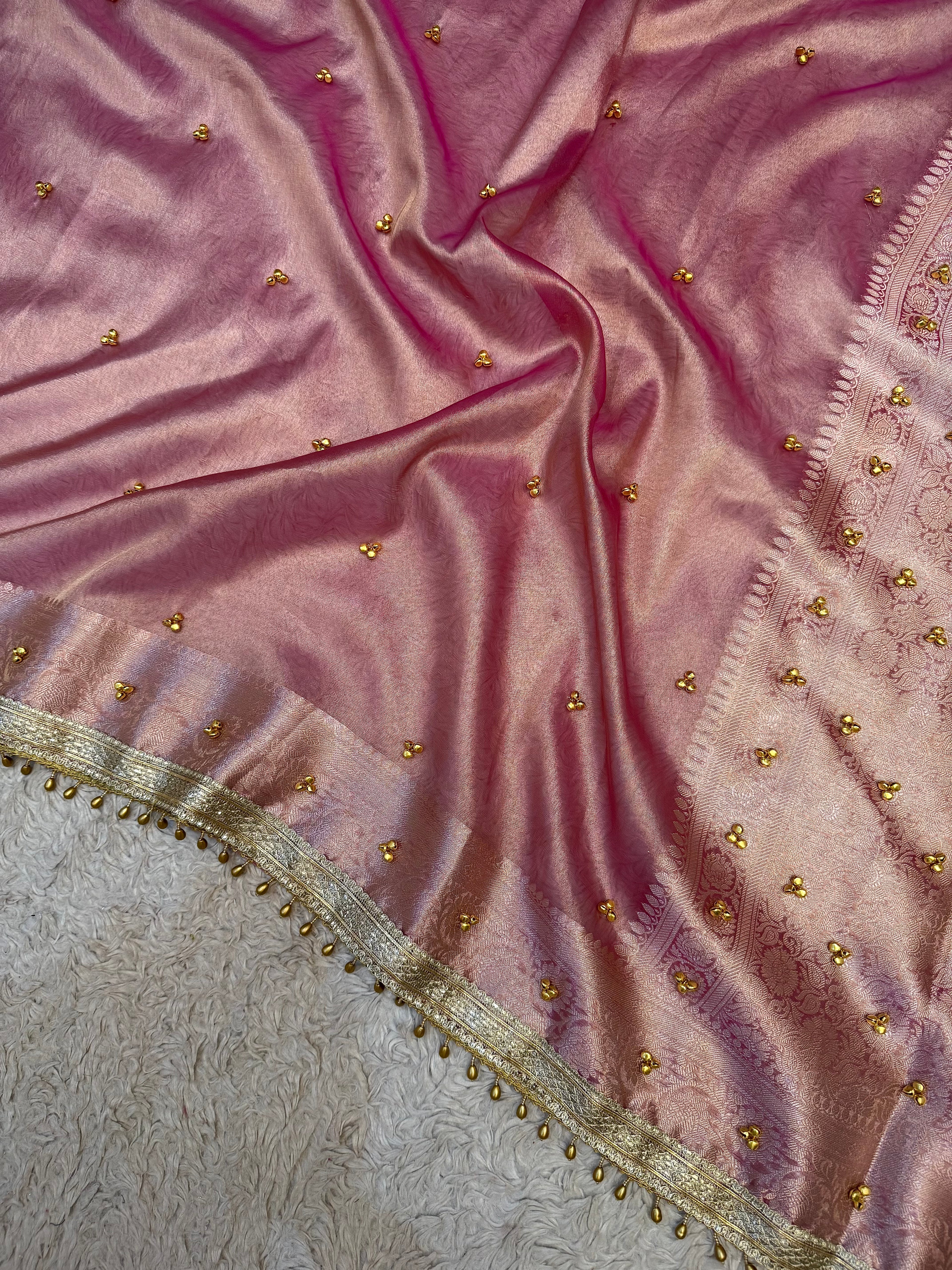 PREMIUM BABY PINK SHADE GHUNGROO WORK SOFT BANARASI TISSUE SILK DESIGNER SAREE