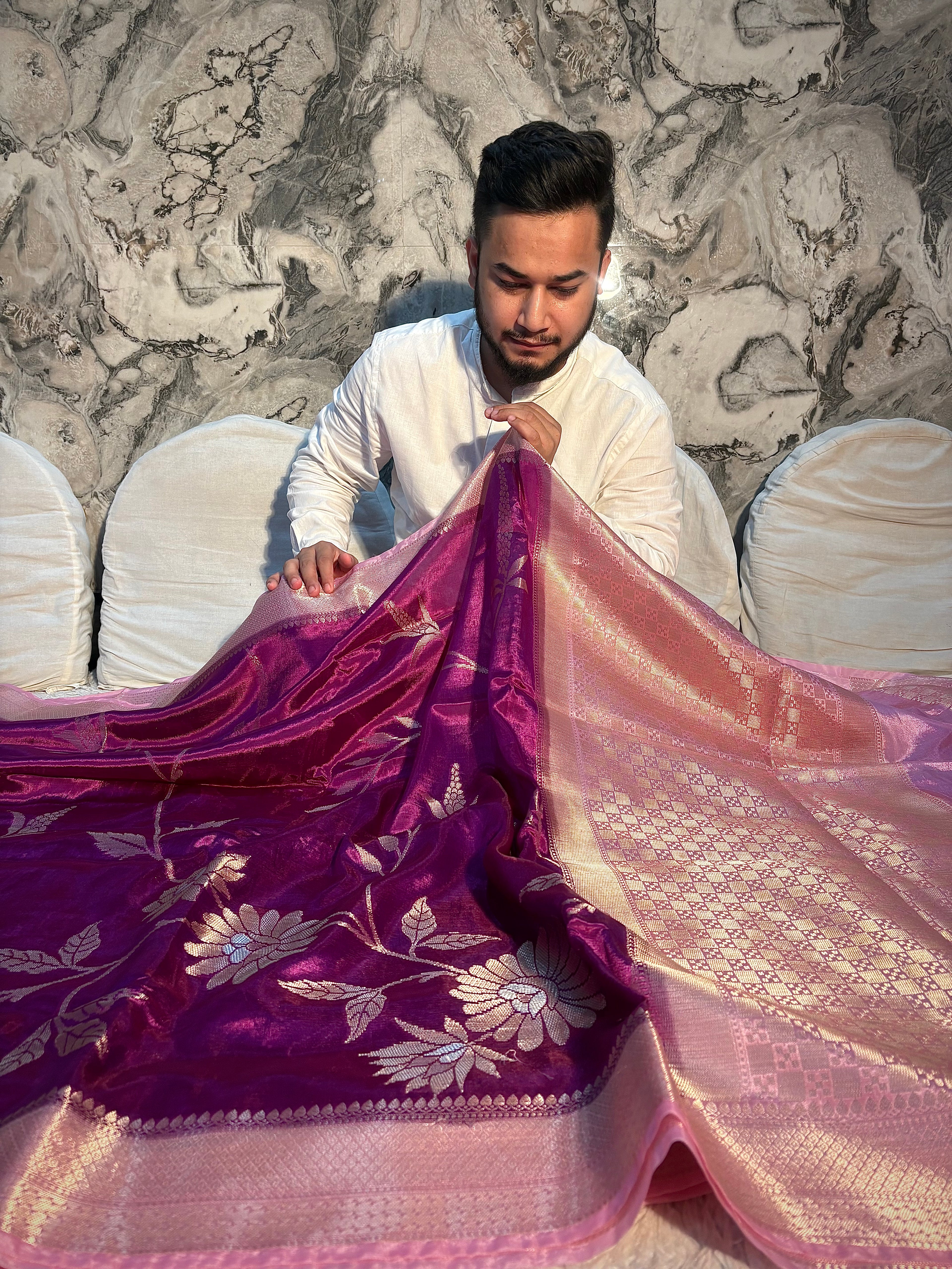 PREMIUM LAVENDER WITH MAUVE PINK BANARASI PAPER SILK SAREE