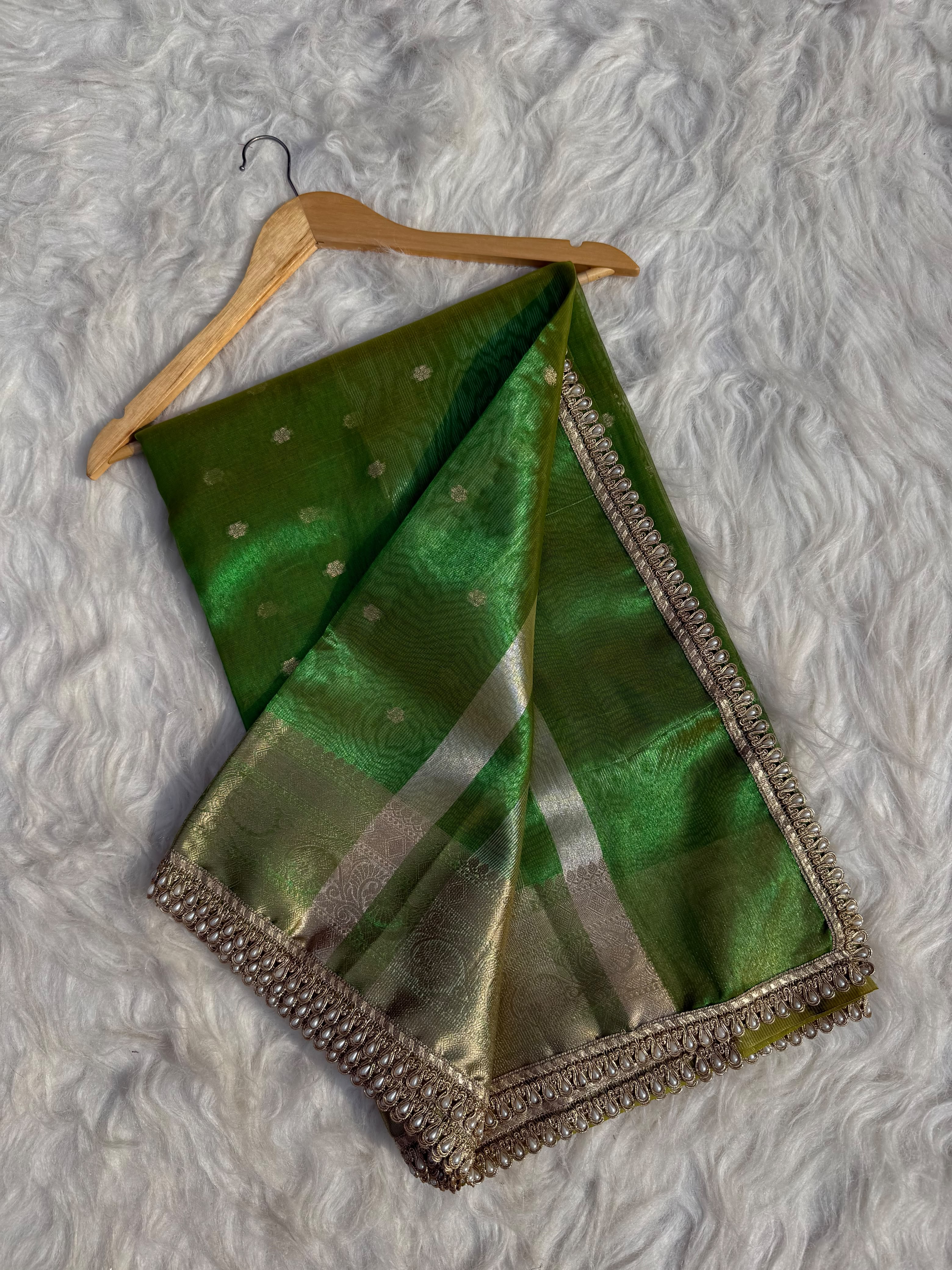 PREMIUM MINT GREEN SHADE DESIGNER TISSUE SILK BOOTI SAREE WITH LACE ATTACHED