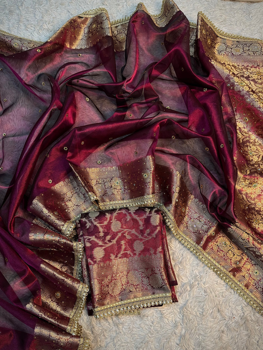 EXCLUSIVE WINE SHADE SOFT TISSUE SILK SAREE DESIGNER HAND STONE WORK WITH LACE ATTACHED