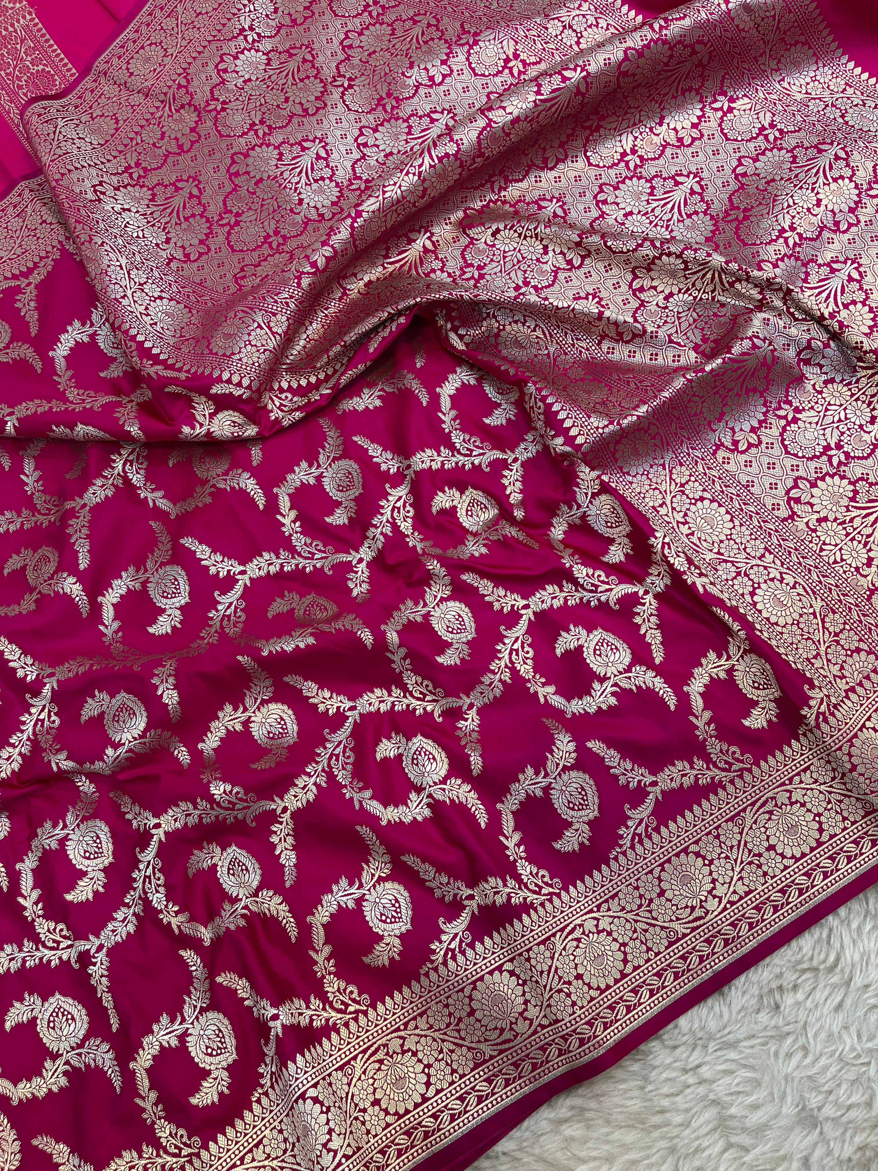 PREMIUM RANI SHADE MASHRU KATAN SILK JAAL DESIGN WEAVE SAREE