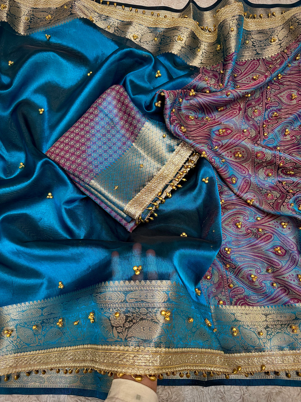 PREMIUM GERMAN BLUE SHADE GHUNGROO WORK BANARASI TISSUE SILK SAREE
