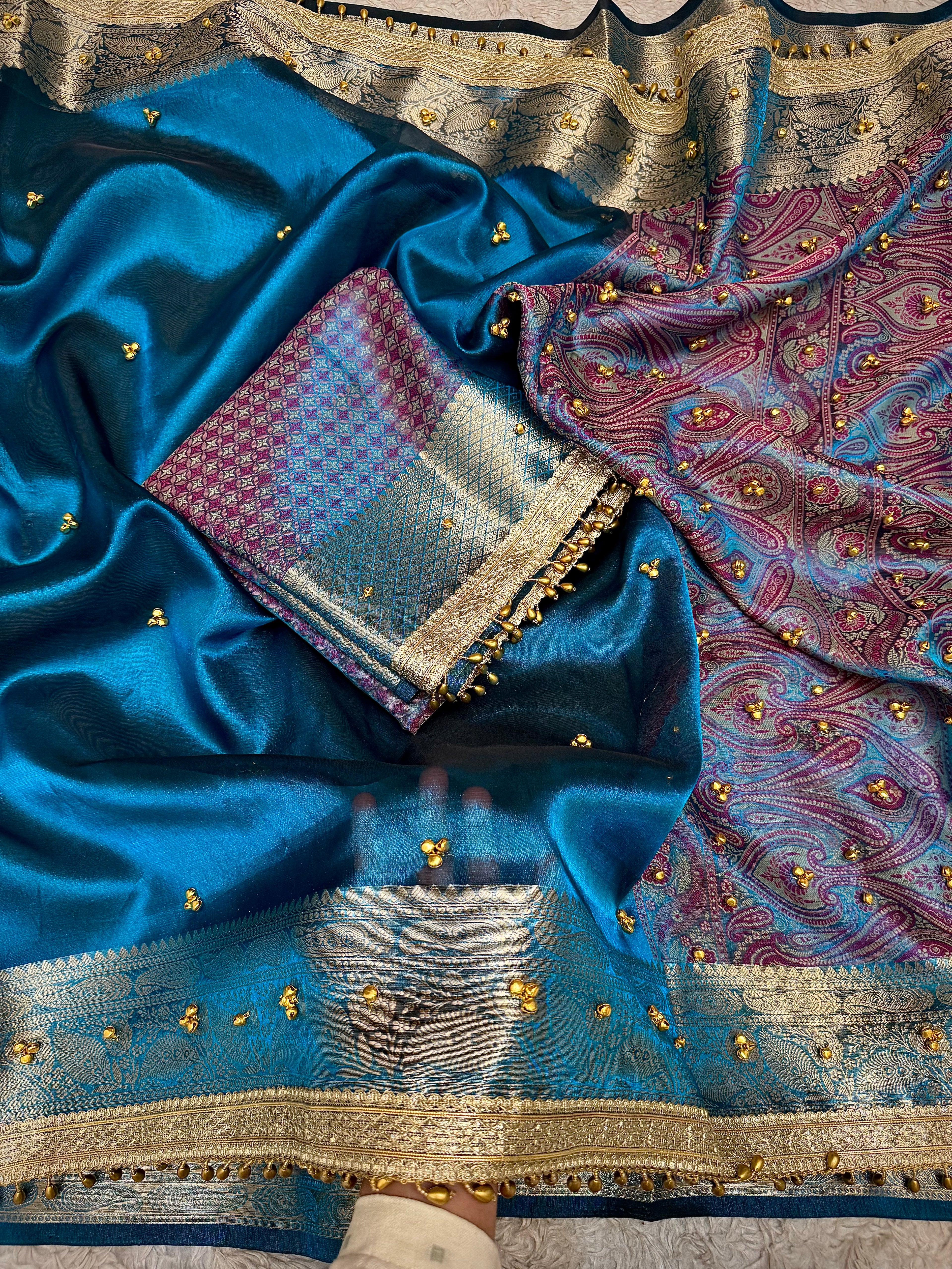 PREMIUM GERMAN BLUE SHADE GHUNGROO WORK BANARASI TISSUE SILK SAREE
