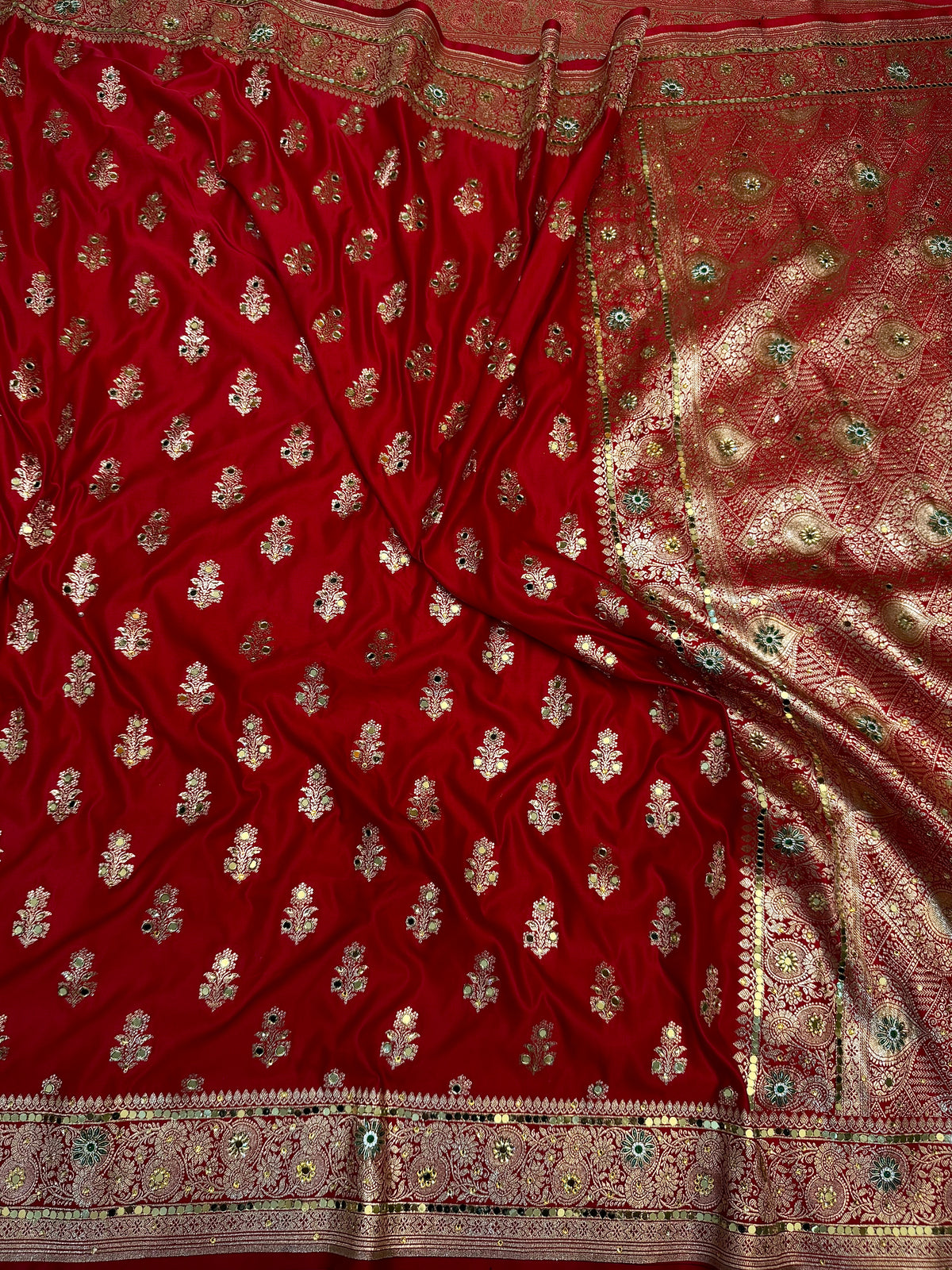 BRIDAL RED SHADE BANARASI MASHRU SATIN SILK SAREE WITH ZARDOZI WORK