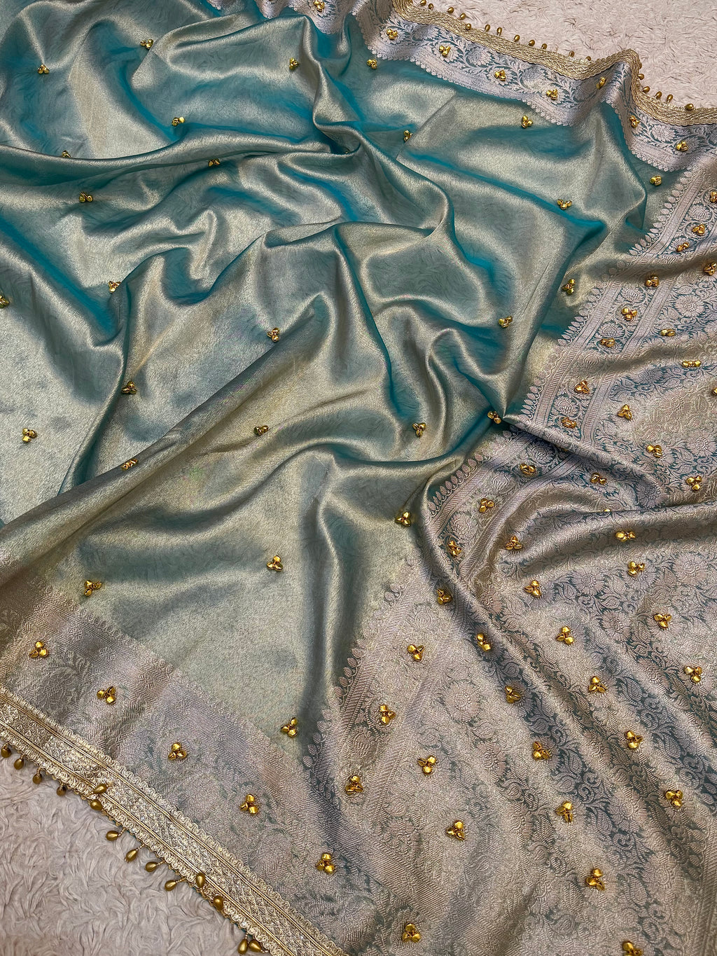 PREMIUM AQUA BLUE SHADE GHUNGROO WORK SOFT BANARASI TISSUE SILK DESIGNER SAREE
