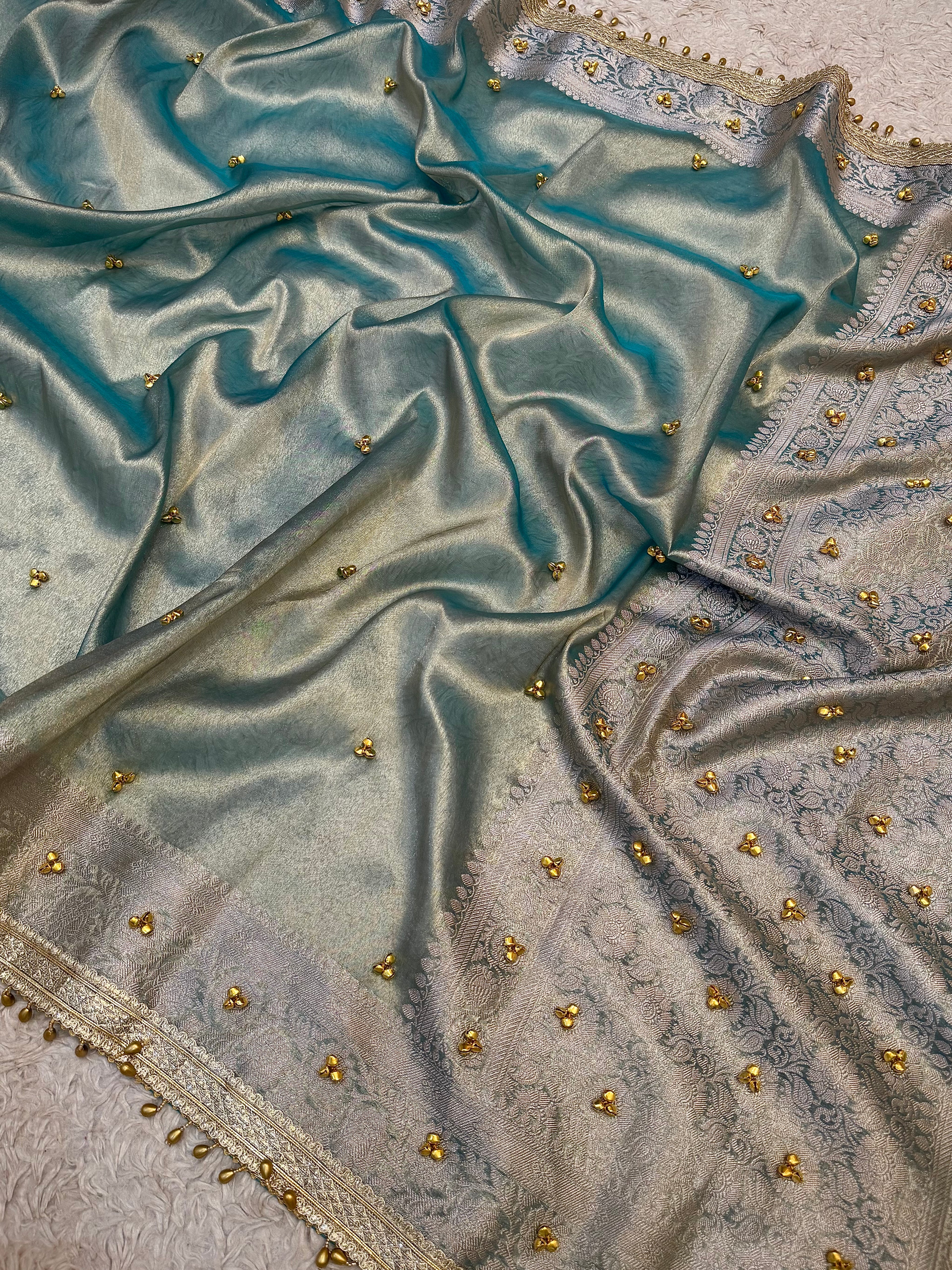 PREMIUM AQUA BLUE SHADE GHUNGROO WORK SOFT BANARASI TISSUE SILK DESIGNER SAREE
