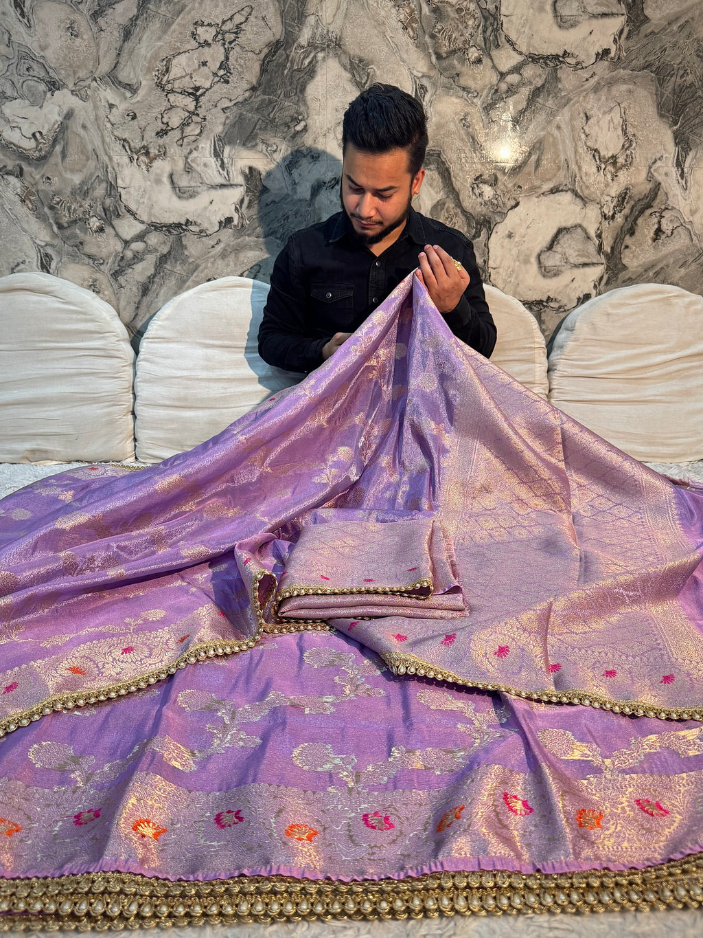 PREMIUM METALLIC LAVEDNDER BANARASI KATAN TISSUE SILK DESIGNER SAREE