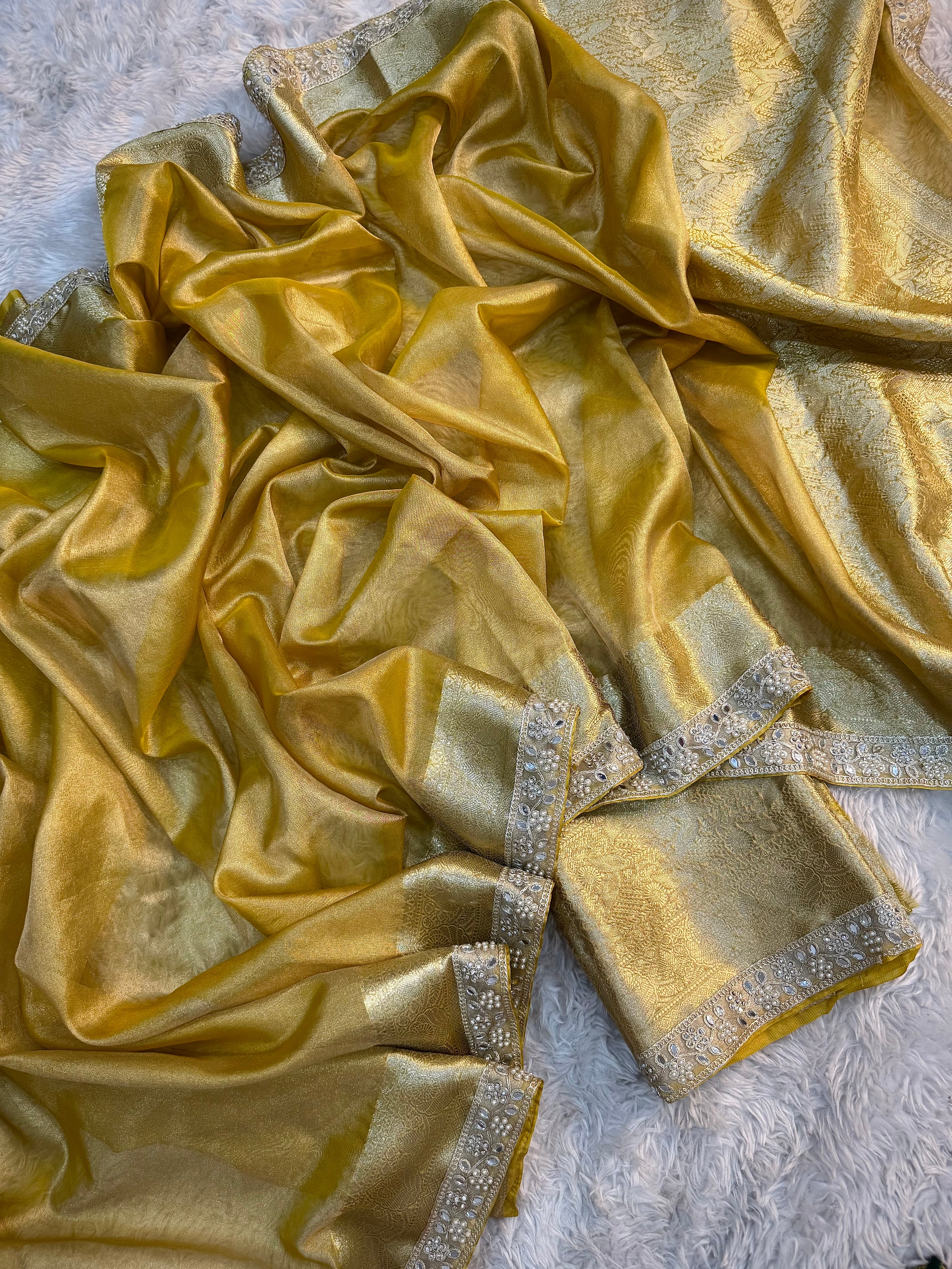 JANHVI KAPOOR INSPIRED YELLOW SHADE DESIGNER TISSUE SILK SAREE