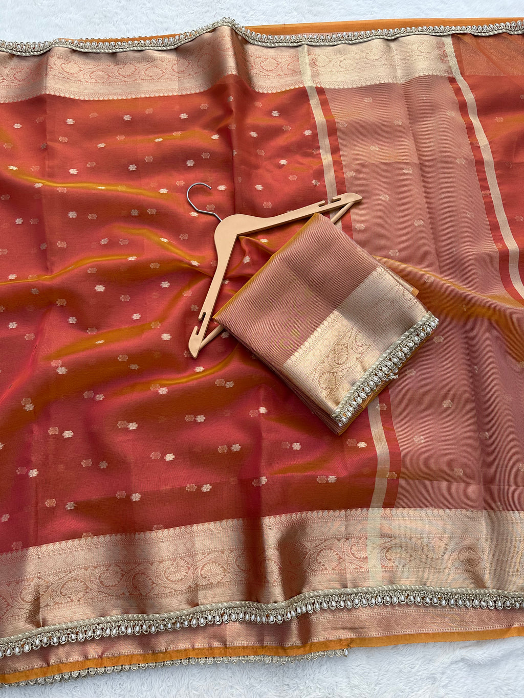PREMIUM PINK AND ORANGE SHADE DESIGNER TISSUE SILK BOOTI SAREE WITH LACE ATTACHED