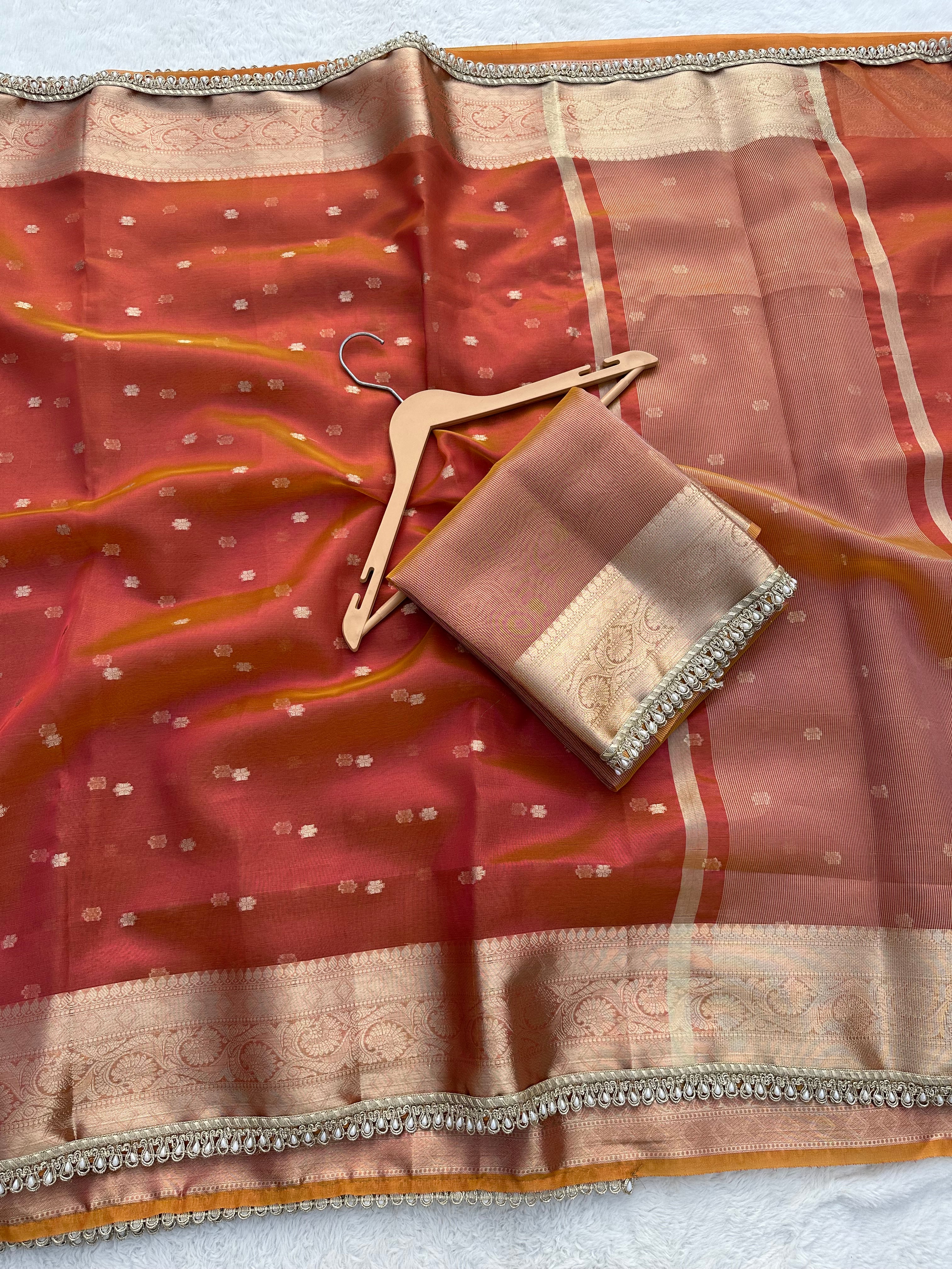 PREMIUM PINK AND ORANGE SHADE DESIGNER TISSUE SILK BOOTI SAREE WITH LACE ATTACHED