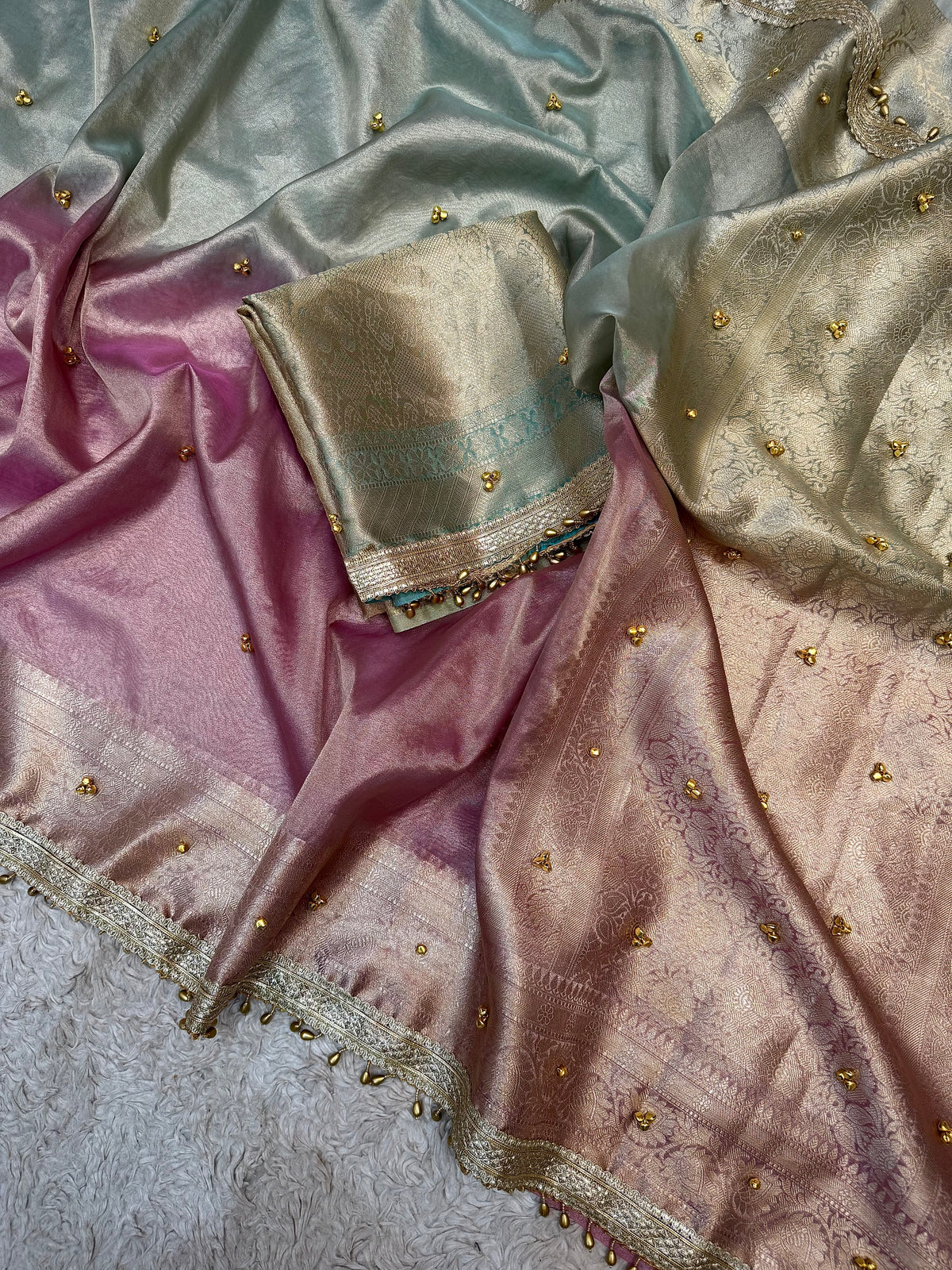PREMIUM BABY PINK & SKY BLUE SOFT BANARASI TISSUE SILK GHUNGROO WORKS SAREE