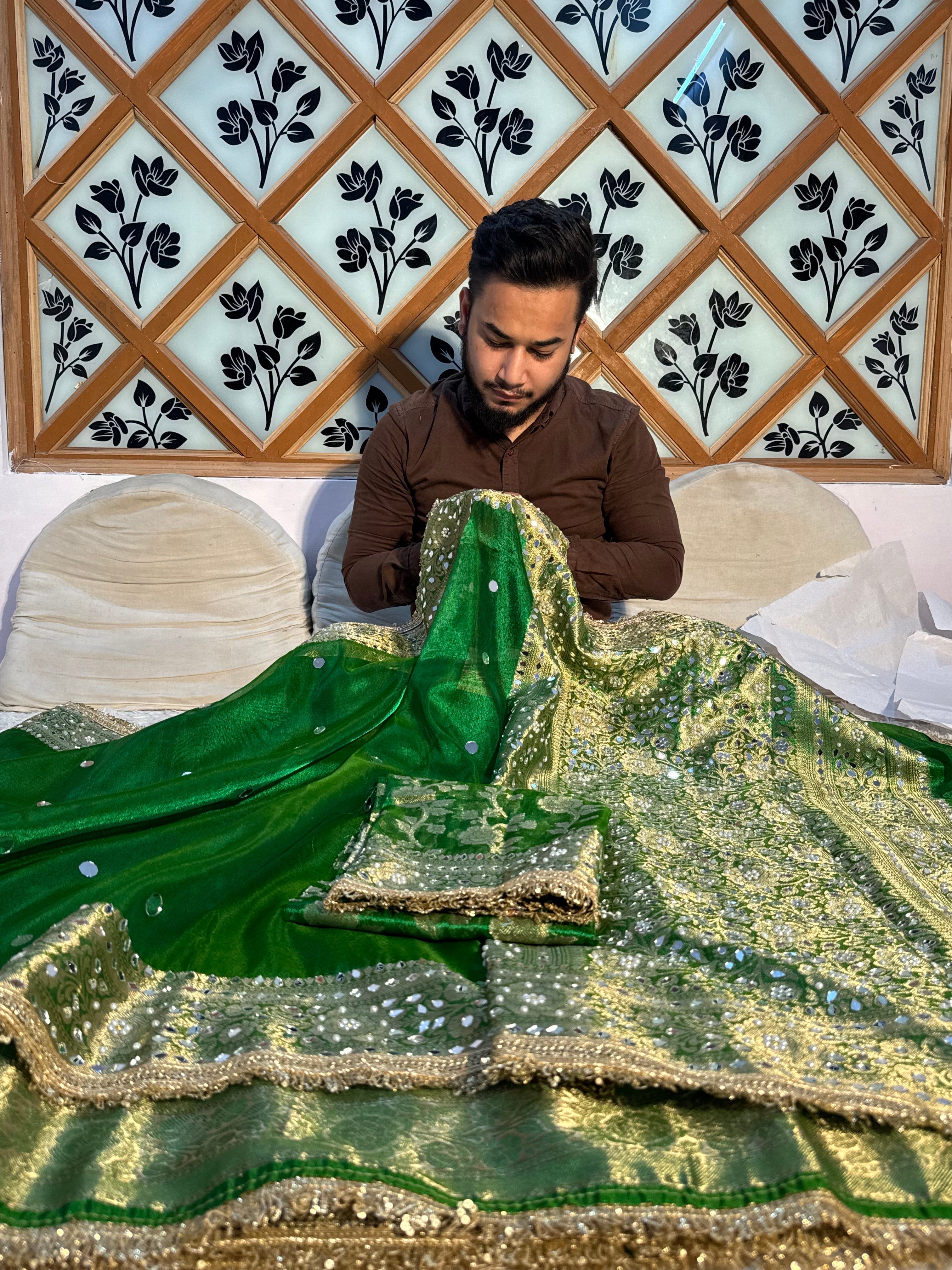 STONE WORK+MIRROR WORK BOTTLE GREEN SOFT TISSUE SILK DESIGNER SAREE