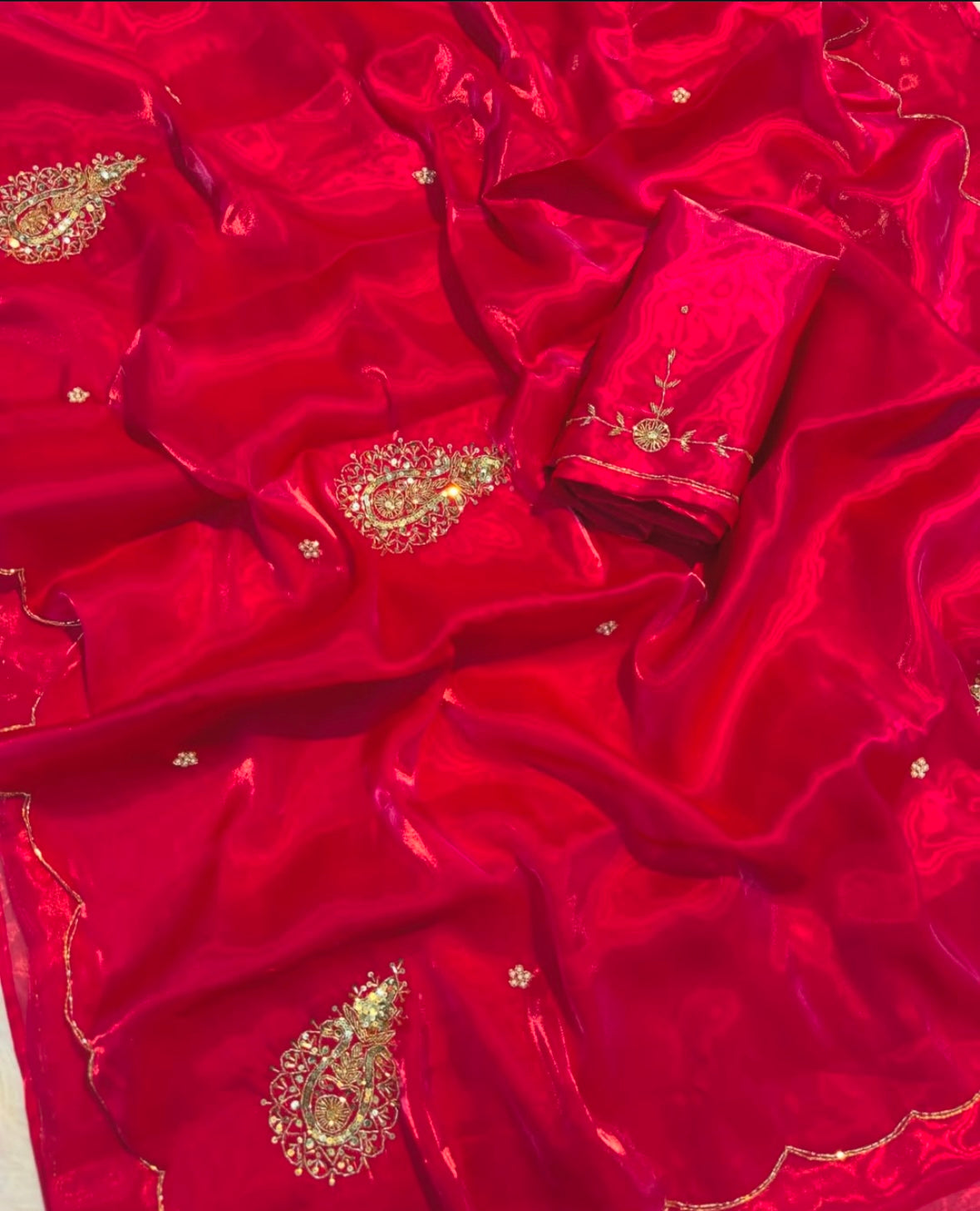 PINK RED SHIMMERY TISSUE SILK HAND WORK SAREE