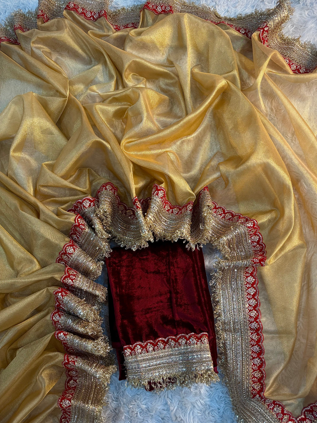 PREMIUM LIGHT GOLDEN SHADE SOFT TISSUE SILK SAREE WITH HEAVY LACE AND VELVET BLOUSE