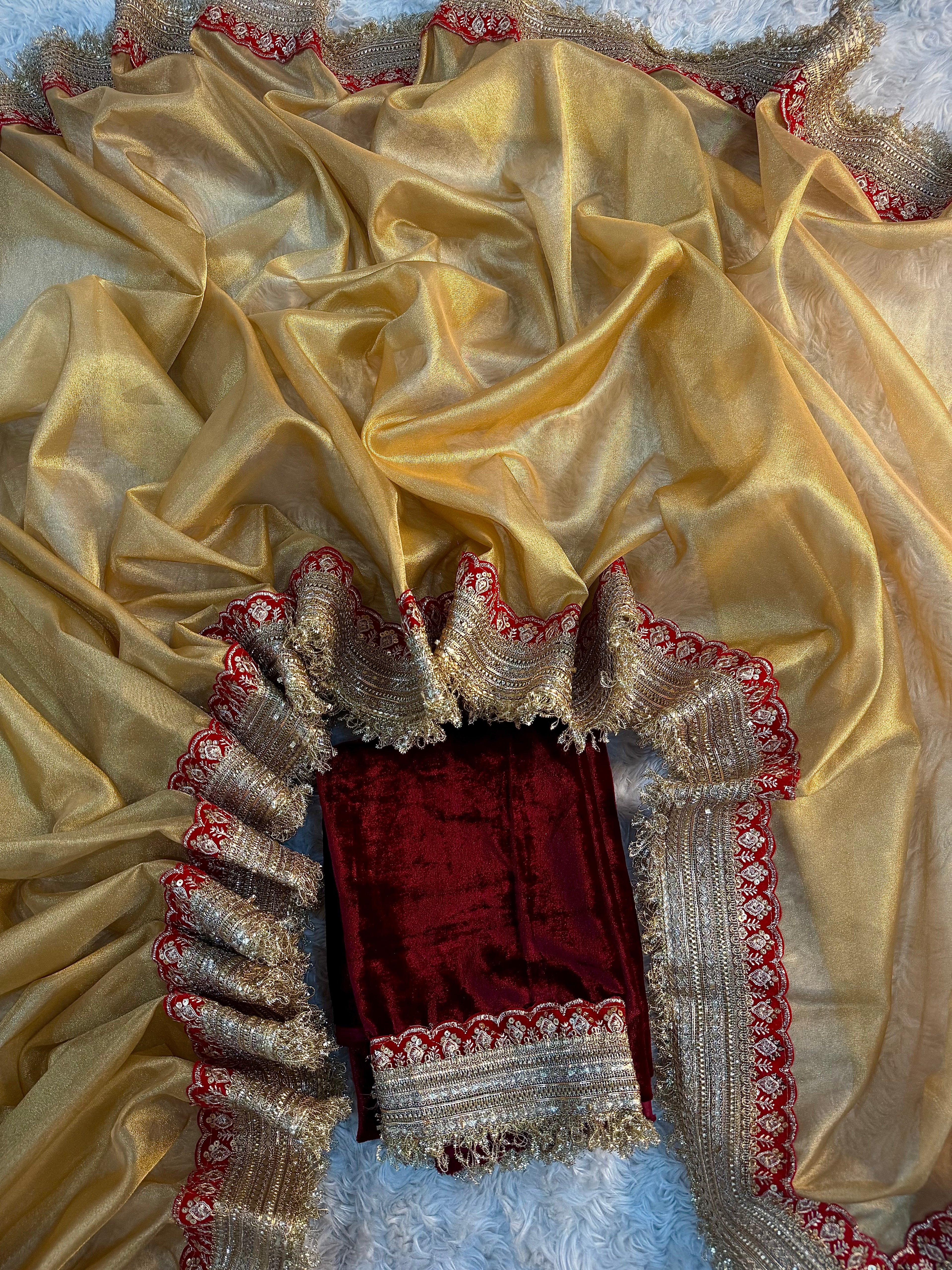 PREMIUM LIGHT GOLDEN SHADE SOFT TISSUE SILK SAREE WITH HEAVY LACE AND VELVET BLOUSE
