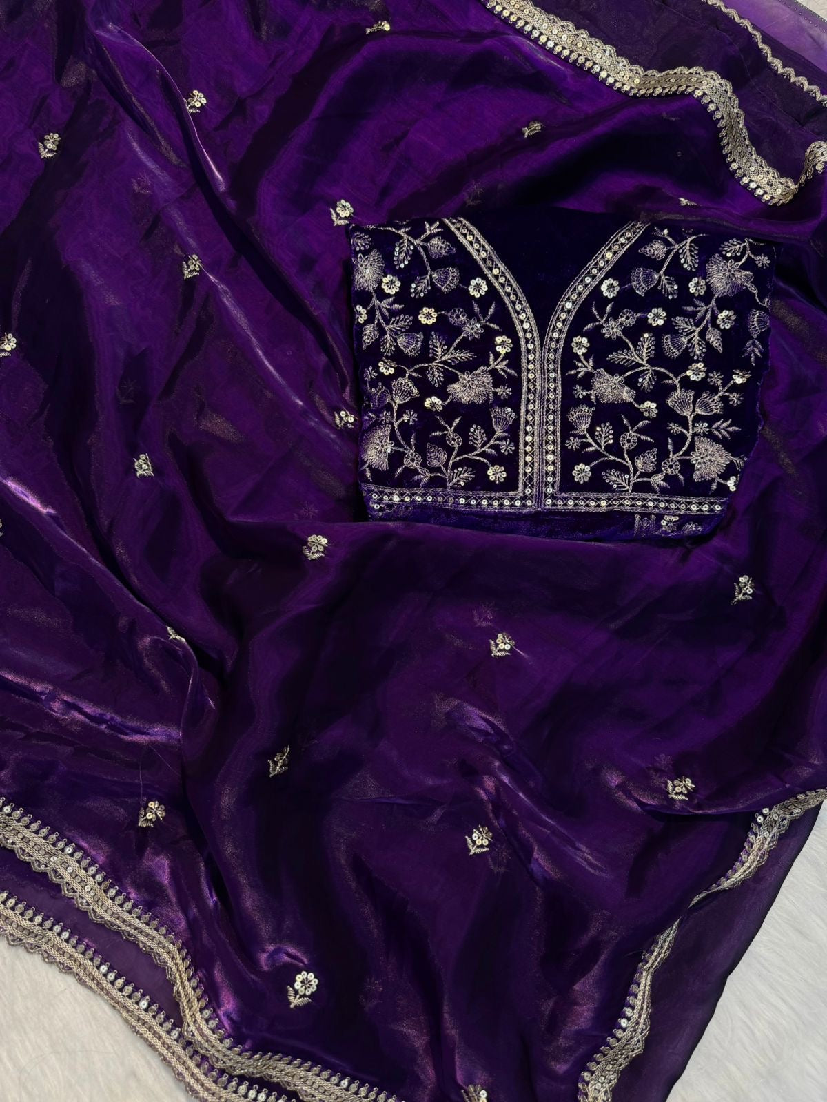 PREMIUM DEEP PURPLE SHIMMERY TISSUE SILK HANDWORK SAREE