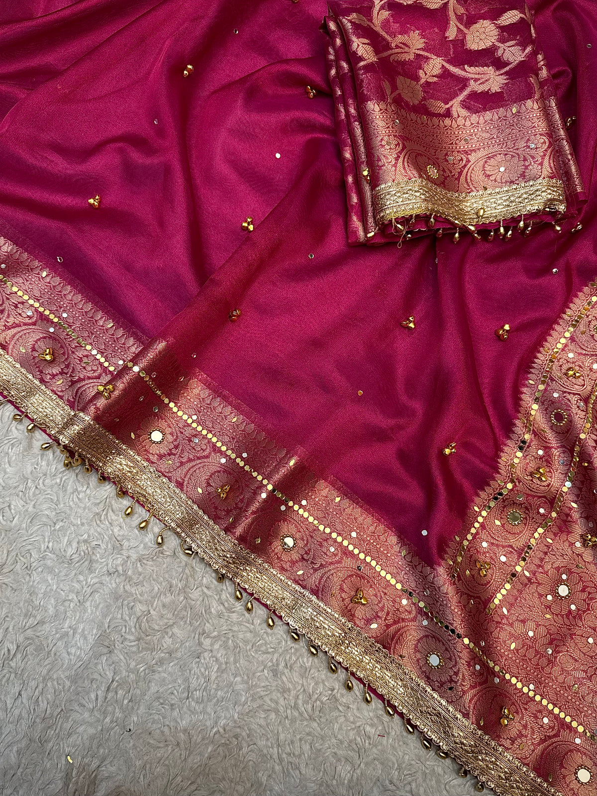 PREMIUM RANI SHADE SOFT BANARASI TISSUE SILK GHUNGROO WORK WITH MIRROR WORK DESIGNER SAREE