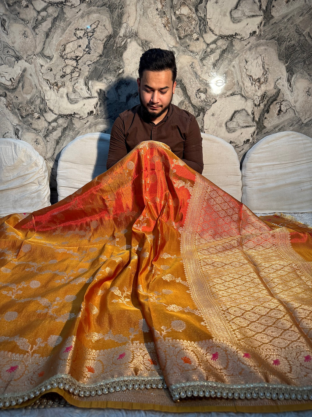 DHOOP CHAON RUST SHADE BANARASI KATAN TISSUE SILK DESIGNER SAREE
