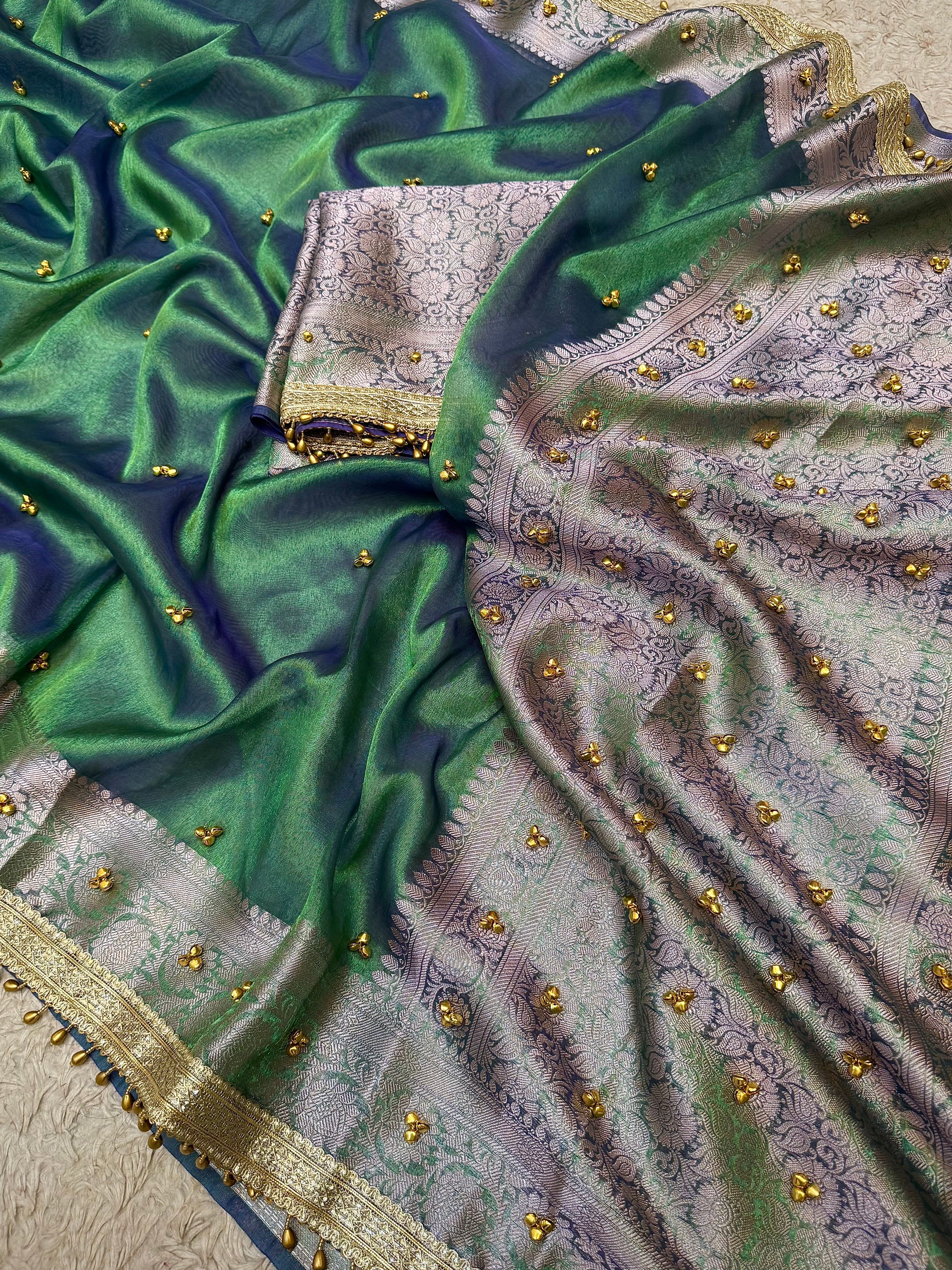 PREMIUM PEACOCK SHADE GHUNGROO WORK SOFT BANARASI TISSUE SILK DESIGNER SAREE