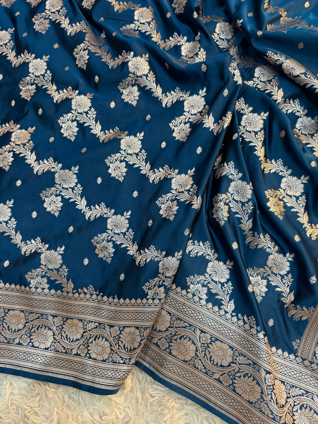 PREMIUM GERMAN BLUE SHADE SATIN MASHRU KATAN SILK SAREE