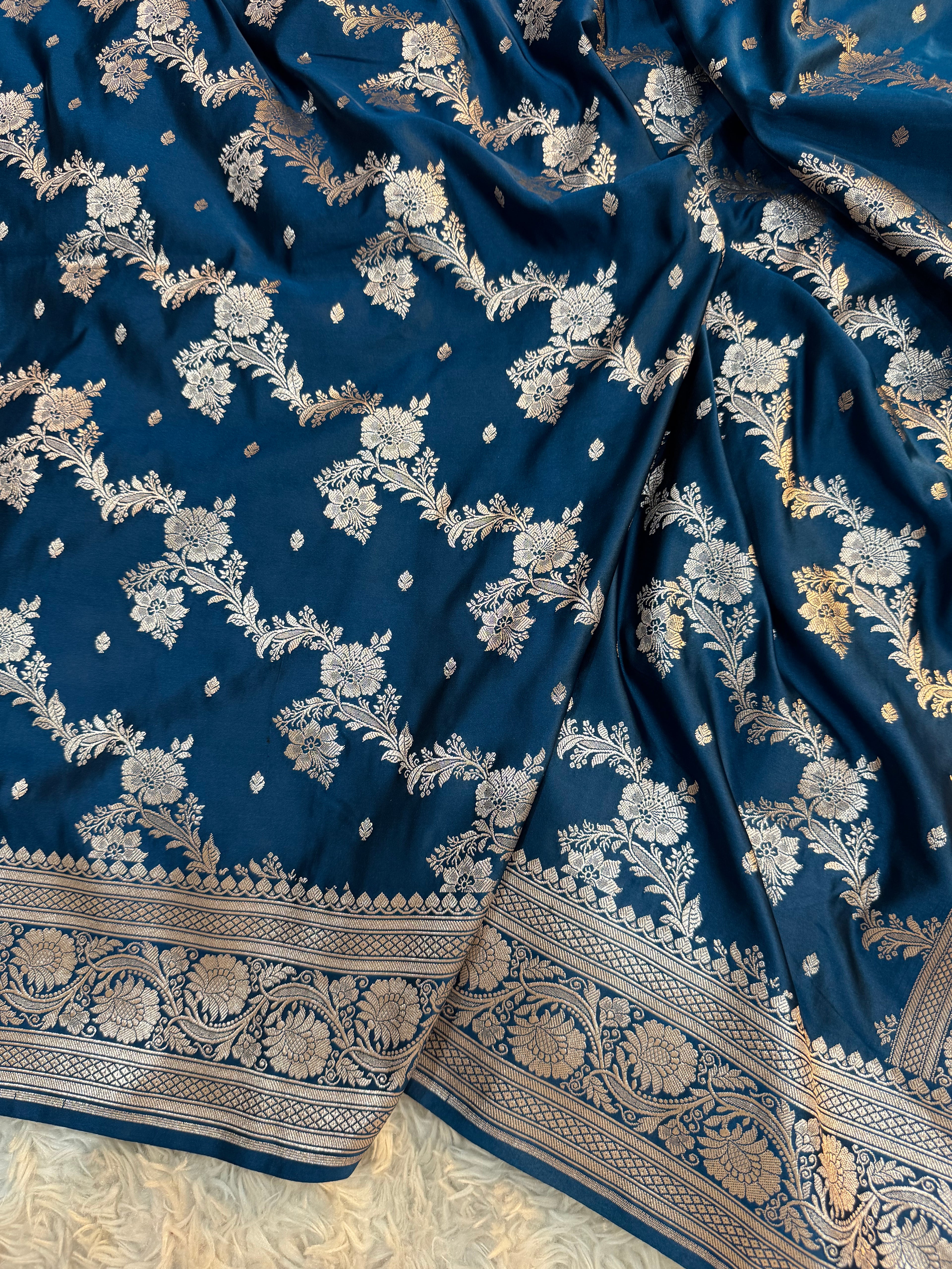 PREMIUM GERMAN BLUE SHADE SATIN MASHRU KATAN SILK SAREE