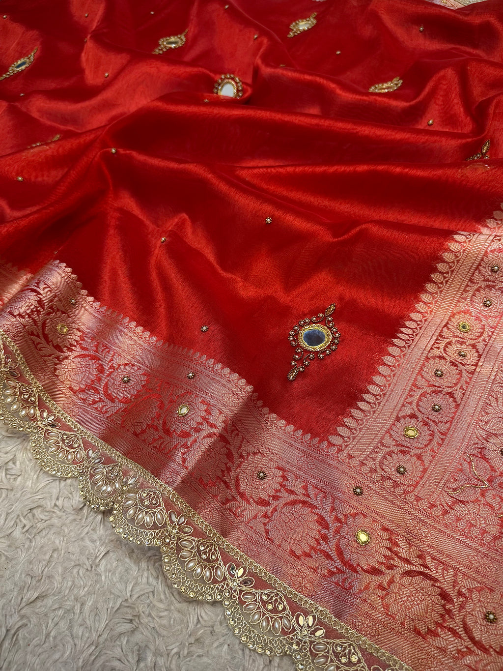 LUXURIOUS BRIDAL RED SHADE SOFT TISSUE SILK SAREE WITH PREMIUM ZARDOZI MIRROR WORK AND LACE ATTACHED