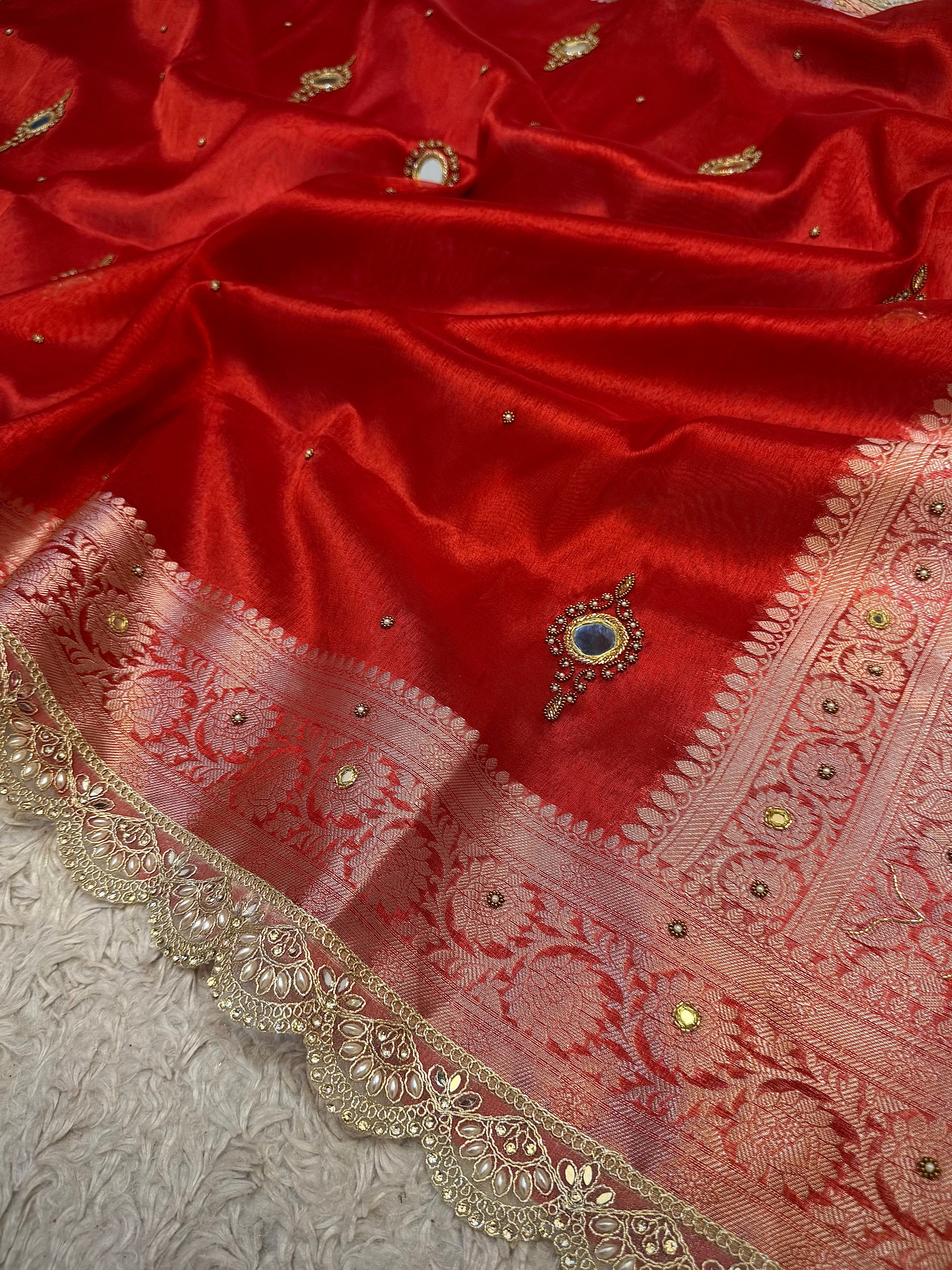 LUXURIOUS BRIDAL RED SHADE SOFT TISSUE SILK SAREE WITH PREMIUM ZARDOZI MIRROR WORK AND LACE ATTACHED